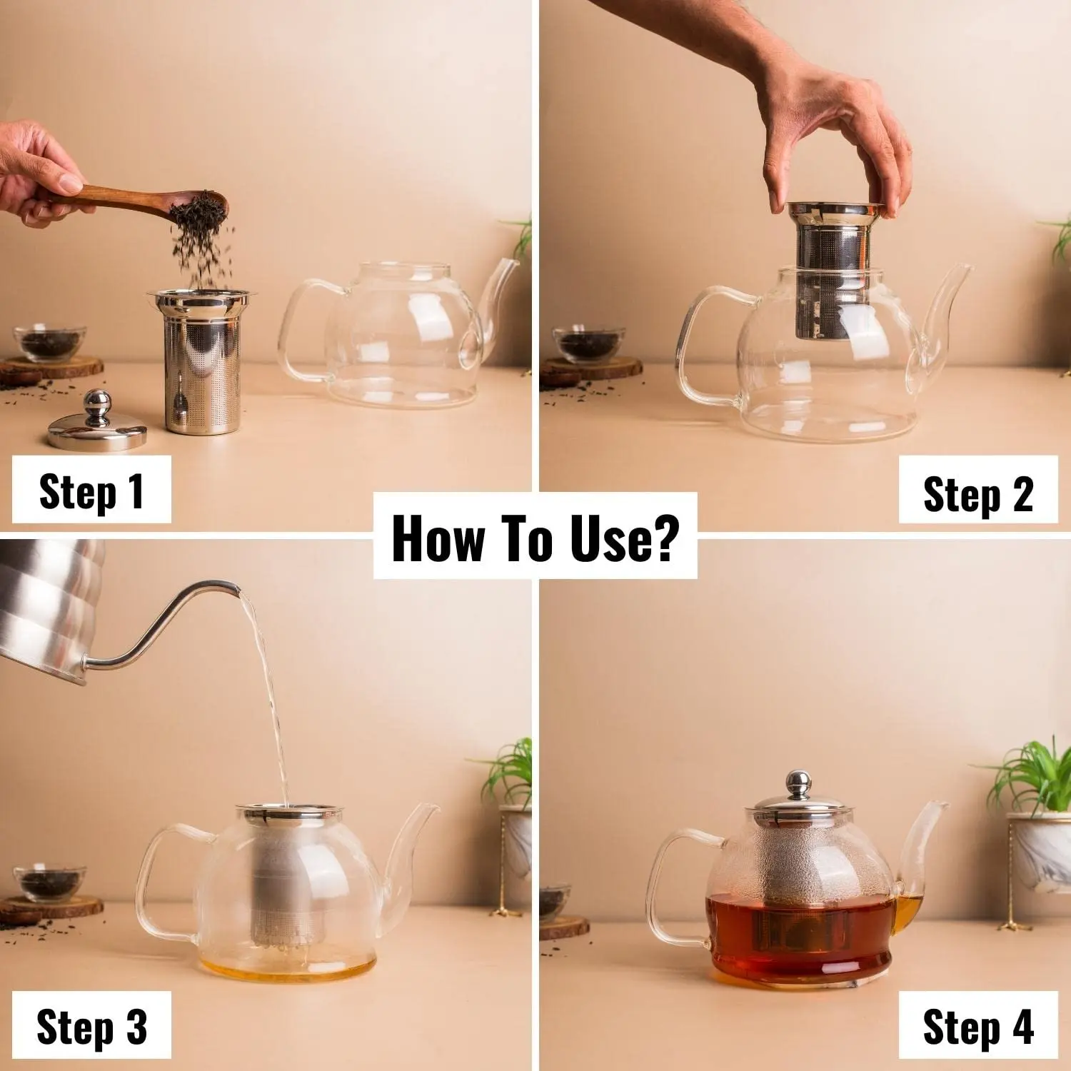 InstaCuppa Borosilicate Glass Teapot with Removable Stainless Steel Infuser, Perfect for Infusing Blooming Teas, Loose Leaf Teas, 1200 ML - Image 7