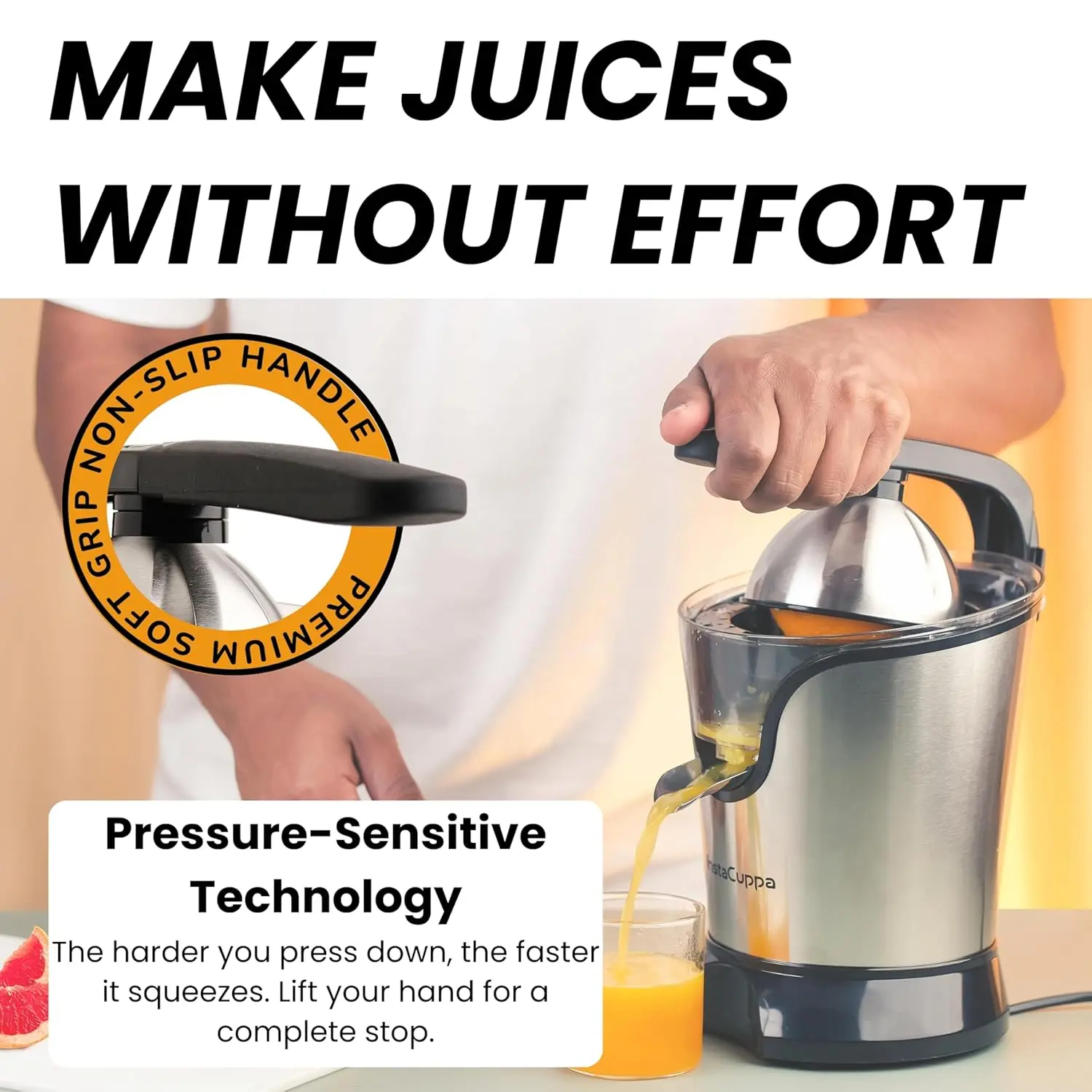 InstaCuppa Citrus Juicer Electrical for Busy Moms, Quiet Copper DC Motor Juice Machine, 3 Cone Sizes, Effortless Ergonomic Handle - Image 5