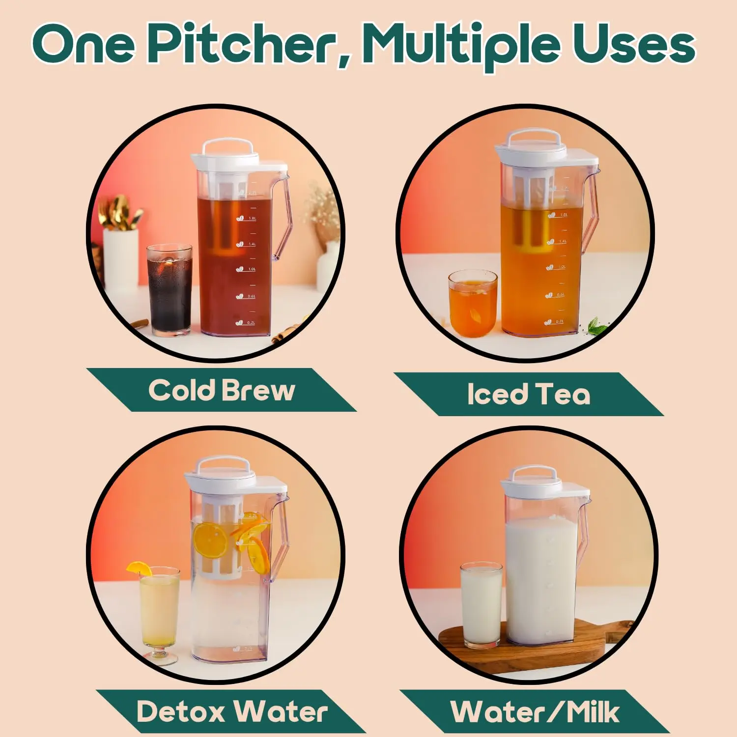 InstaCuppa Cold Brew Coffee Maker 2.2L – BPA-Free Jug with Measurement Markings, Fine Nylon Mesh Filter, Airtight Lid, Leak-Proof - Image 3