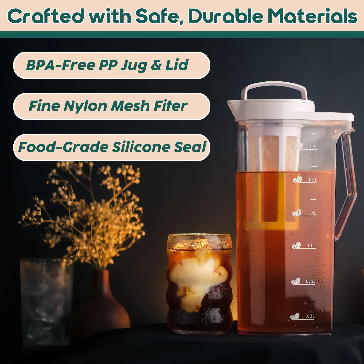 InstaCuppa Cold Brew Coffee Maker 2.2L – BPA-Free Jug with Measurement Markings, Fine Nylon Mesh Filter, Airtight Lid, Leak-Proof - Image 5