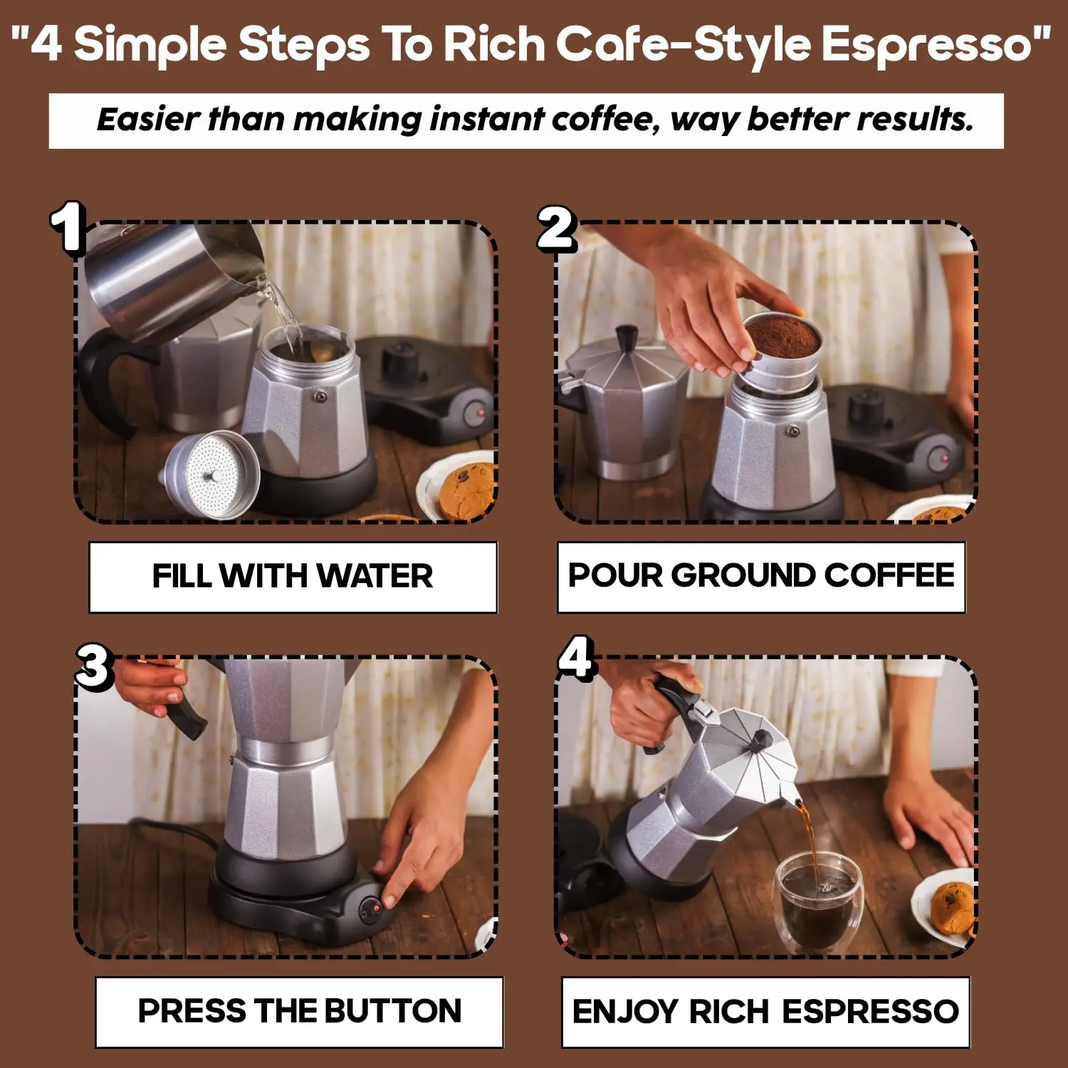 InstaCuppa Electric Moka Pot Coffee Maker, One-button Auto Espresso Machine 300ml, Safe Auto-Shutoff, Perfect for Busy Indian Moms, 6 Cups Capacity - Image 17