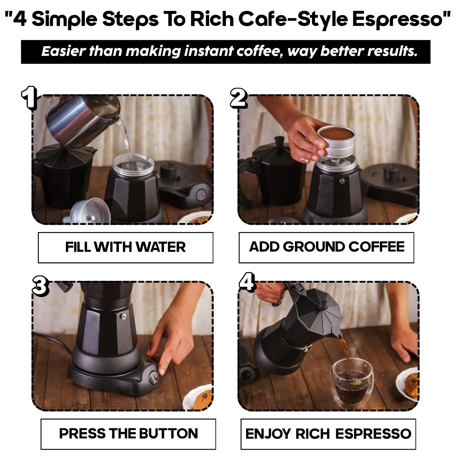 InstaCuppa Electric Moka Pot Coffee Maker, One-button Auto Espresso Machine 300ml, Safe Auto-Shutoff, Perfect for Busy Indian Moms, 6 Cups Capacity - Image 3