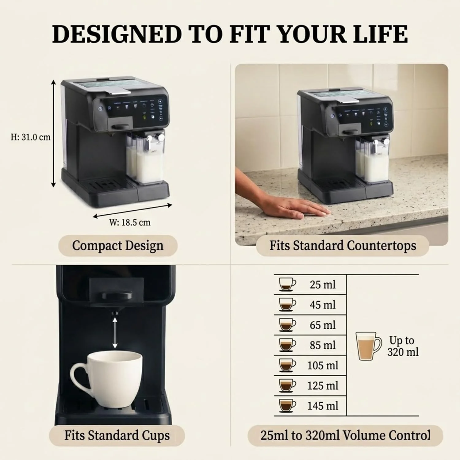 InstaCuppa Espresso Coffee Maker with Built-In Milk Frother - Nespresso Original, Dolce Gusto and Ground Coffee Compatible, One-Touch 4 Cafe-Style Drinks, Adjustable Volume Control - Image 3