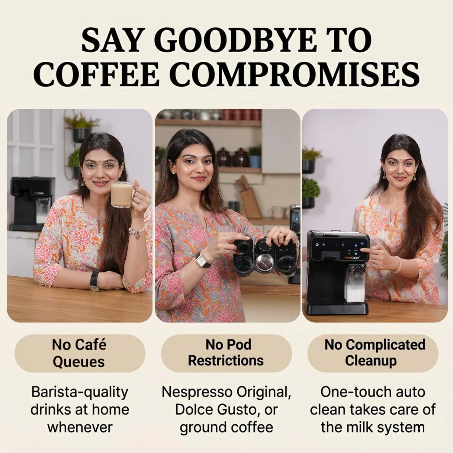 InstaCuppa Espresso Coffee Maker with Built-In Milk Frother - Nespresso Original, Dolce Gusto and Ground Coffee Compatible, One-Touch 4 Cafe-Style Drinks, Adjustable Volume Control - Image 6