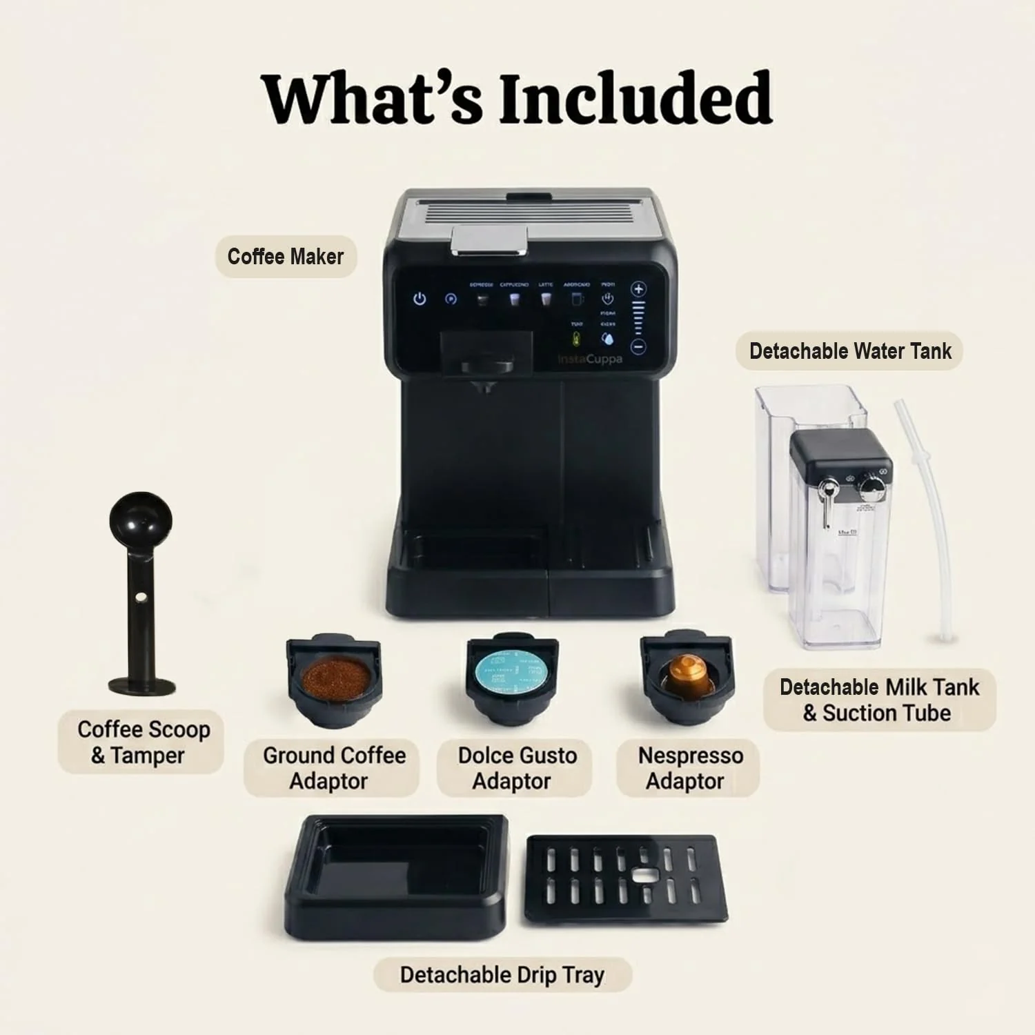InstaCuppa Espresso Coffee Maker with Built-In Milk Frother - Nespresso Original, Dolce Gusto and Ground Coffee Compatible, One-Touch 4 Cafe-Style Drinks, Adjustable Volume Control - Image 8