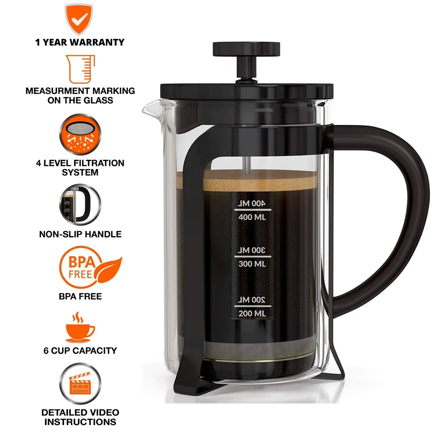 InstaCuppa French Press Coffee Maker with Smooth Plunger Mechanism, 4 Part Filtration, Measurement Markings - Image 10