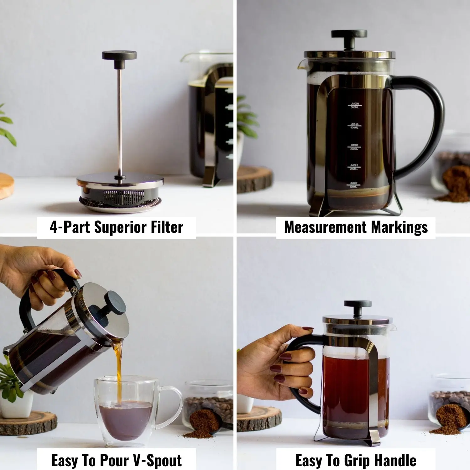 InstaCuppa French Press Coffee Maker with Smooth Plunger Mechanism, 4 Part Filtration, Measurement Markings - Image 14