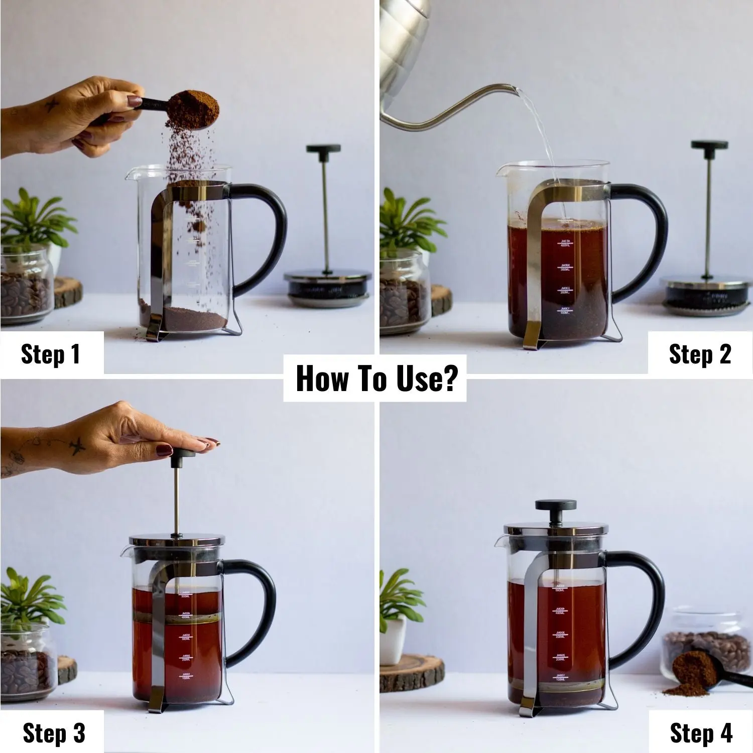 InstaCuppa French Press Coffee Maker with Smooth Plunger Mechanism, 4 Part Filtration, Measurement Markings - Image 16