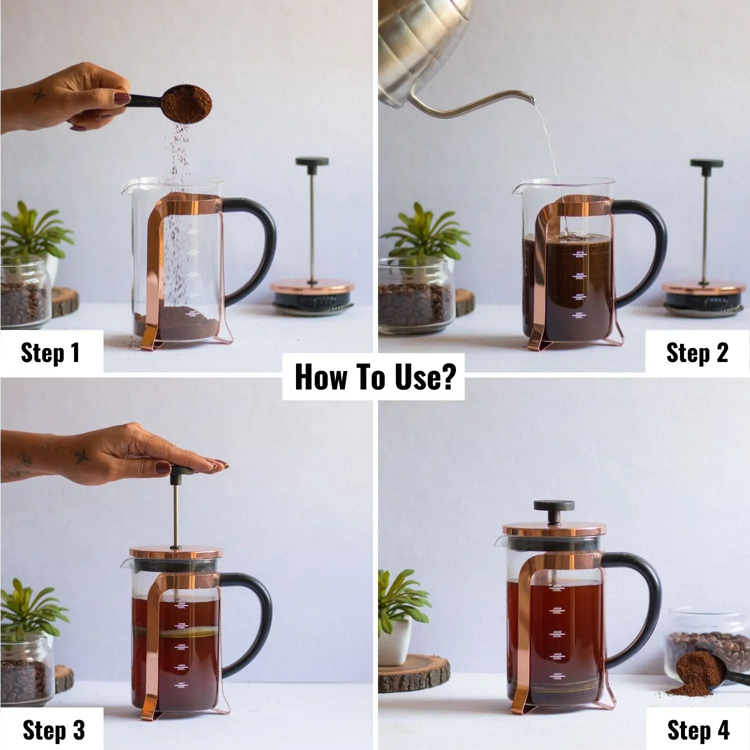 InstaCuppa French Press Coffee Maker with Smooth Plunger Mechanism, 4 Part Filtration, Measurement Markings - Image 24