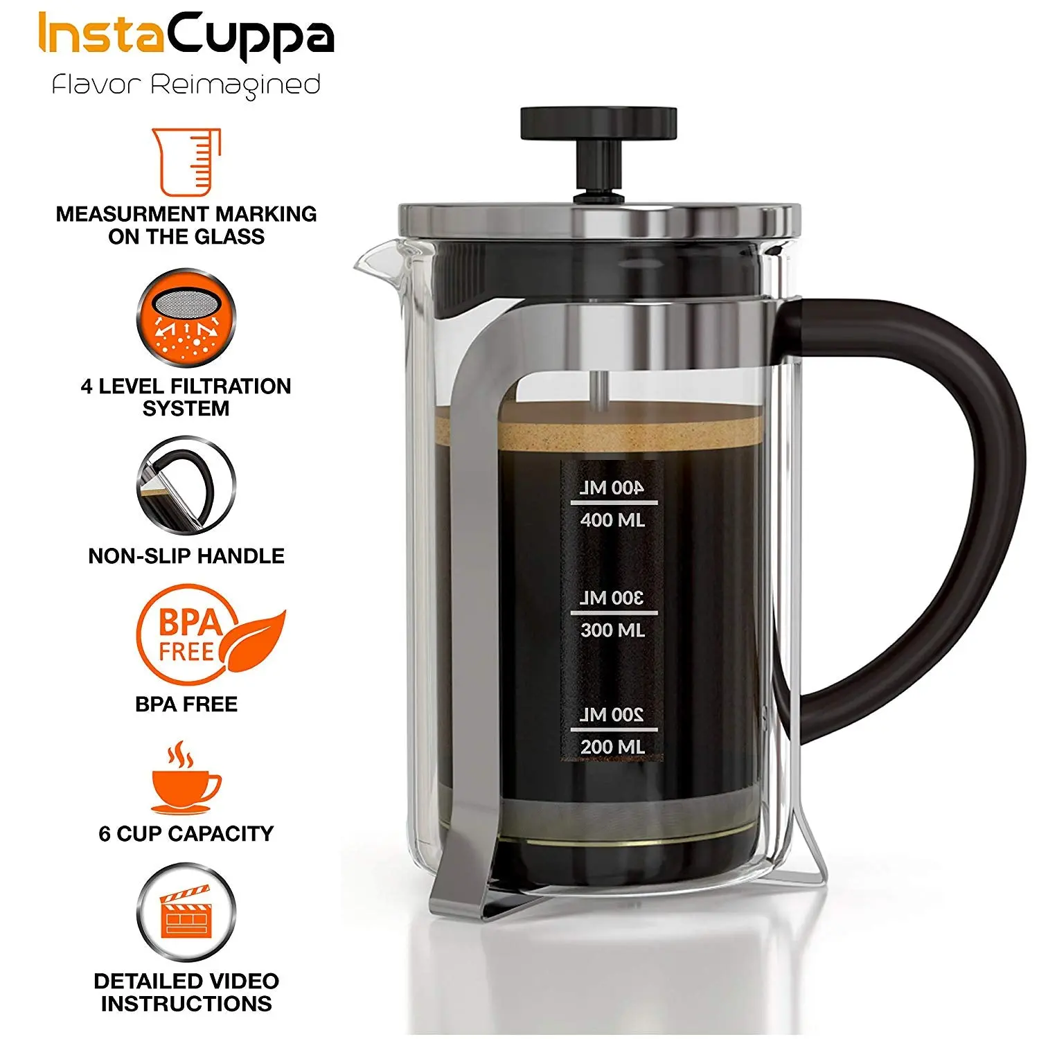InstaCuppa French Press Coffee Maker with Smooth Plunger Mechanism, 4 Part Filtration, Measurement Markings - Image 3