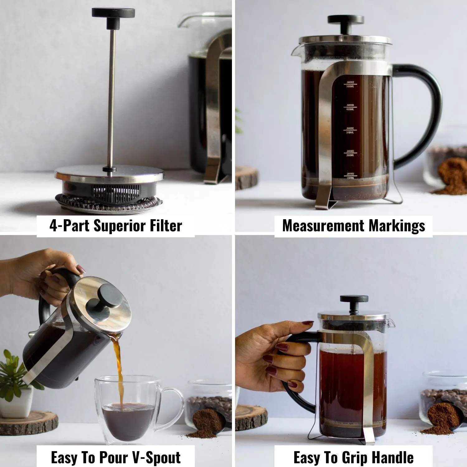 InstaCuppa French Press Coffee Maker with Smooth Plunger Mechanism, 4 Part Filtration, Measurement Markings - Image 6