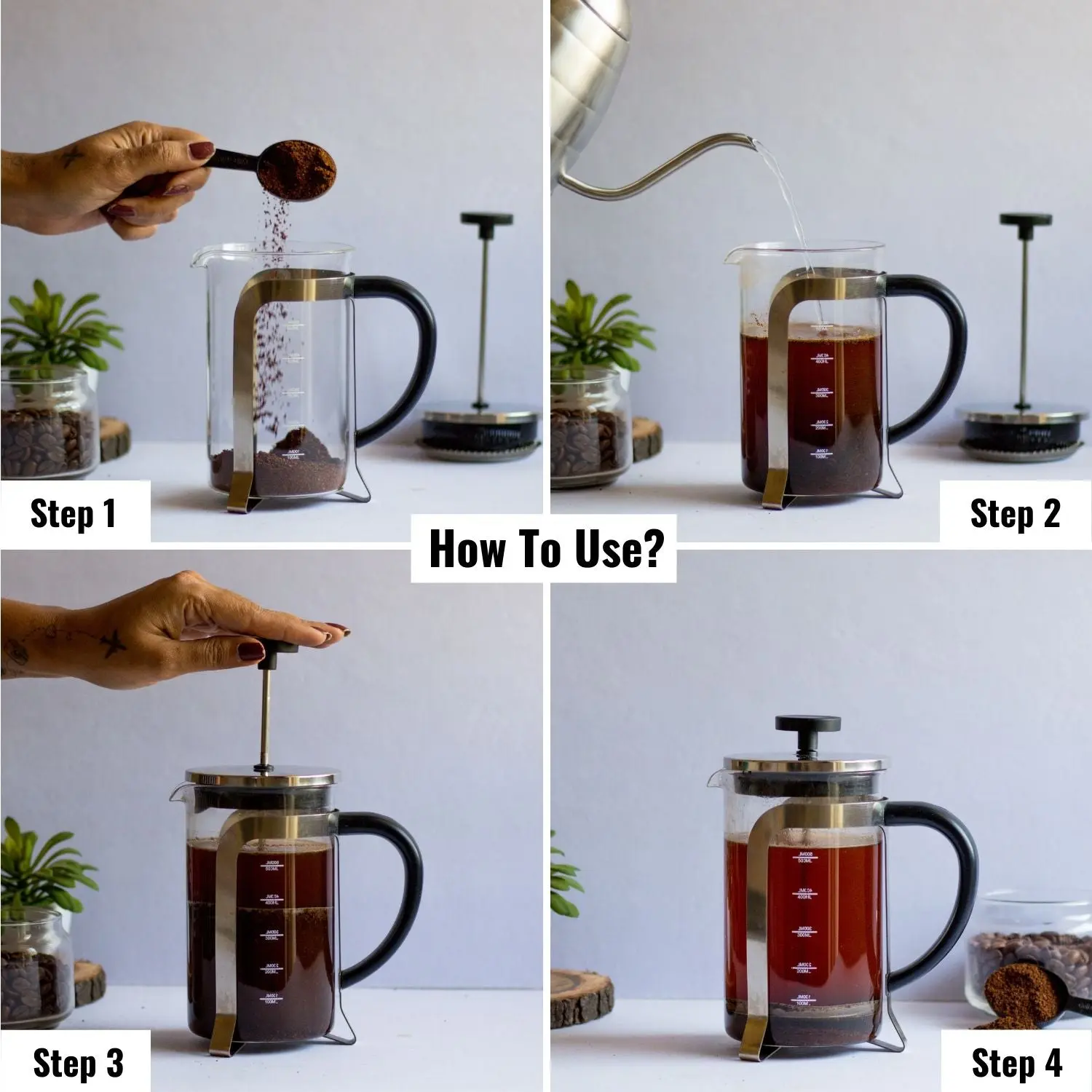 InstaCuppa French Press Coffee Maker with Smooth Plunger Mechanism, 4 Part Filtration, Measurement Markings - Image 8