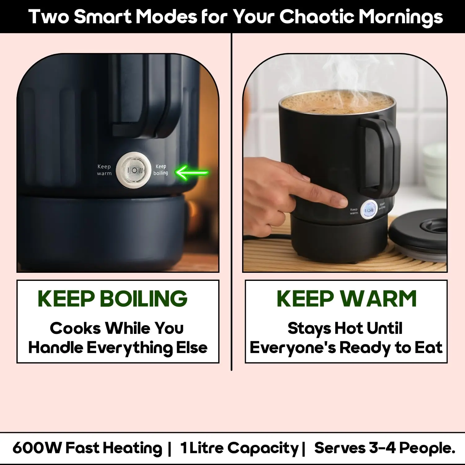 InstaCuppa Portable Multicook Kettle 1000ml | Stainless Steel Version - Boil, Cook & Steam Without Chemicals | Keep Warm, Auto - Image 6