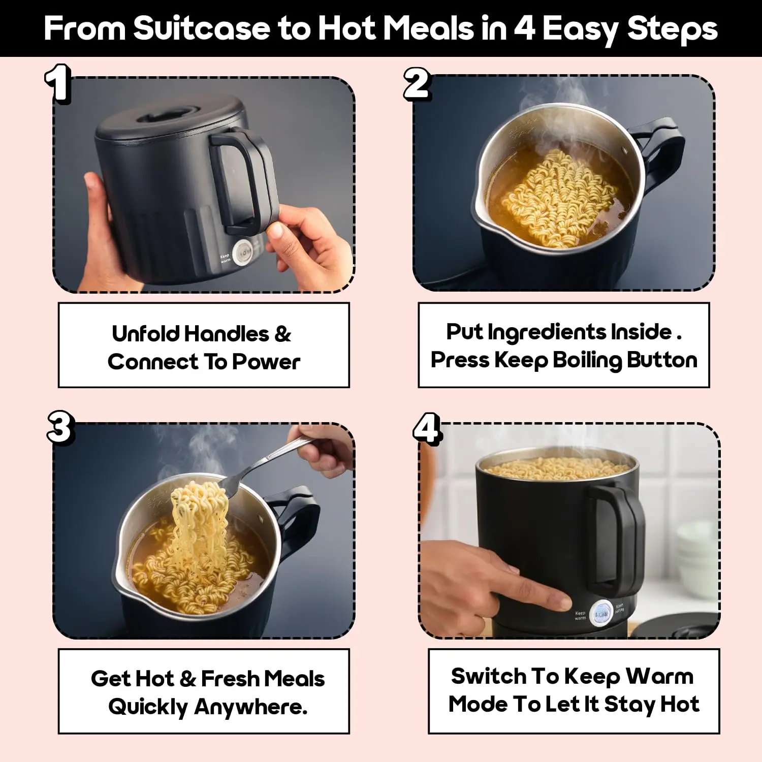 InstaCuppa Portable Multicook Kettle 1000ml | Stainless Steel Version - Boil, Cook & Steam Without Chemicals | Keep Warm, Auto - Image 8