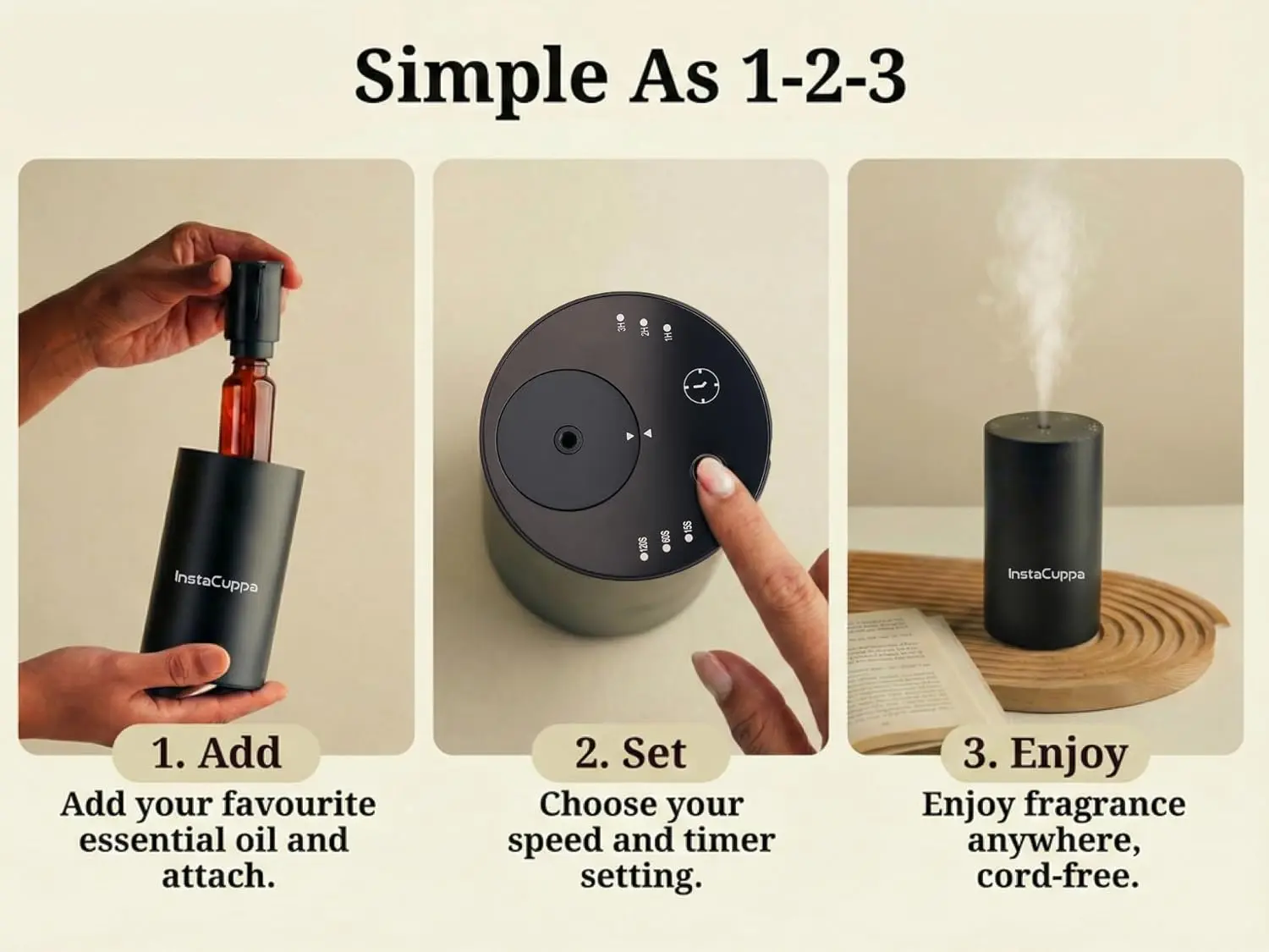 InstaCuppa Rechargeable Aroma Oil Diffuser - Waterless, 3 Speed Settings, 30-Hour Runtime, USB-C Charging - For Travel, Office, Bedroom - Image 4