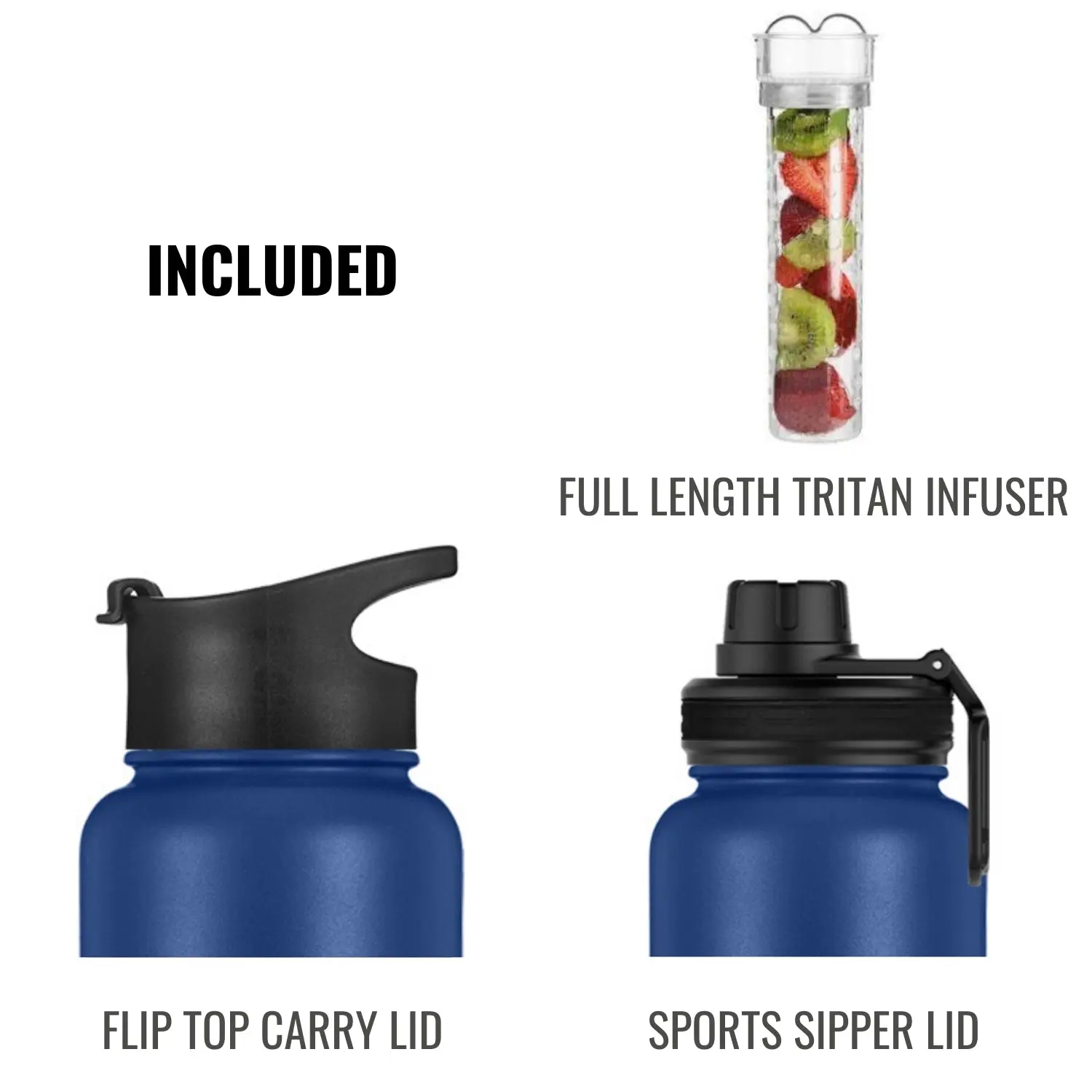 InstaCuppa Thermos Steel Fruit Infuser Water Bottle, Double Walled Vacuum Insulation, Full Length Tritan Infusion Unit, 2 Lids - Image 10