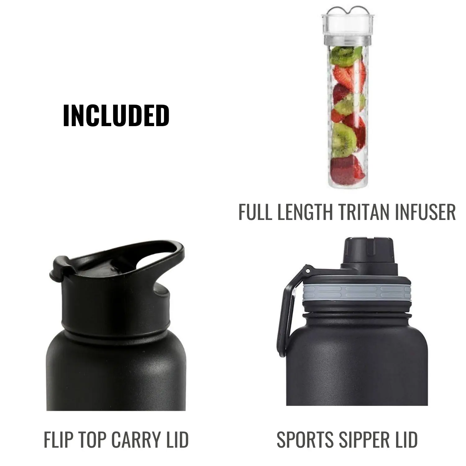 InstaCuppa Thermos Steel Fruit Infuser Water Bottle, Double Walled Vacuum Insulation, Full Length Tritan Infusion Unit, 2 Lids - Image 2