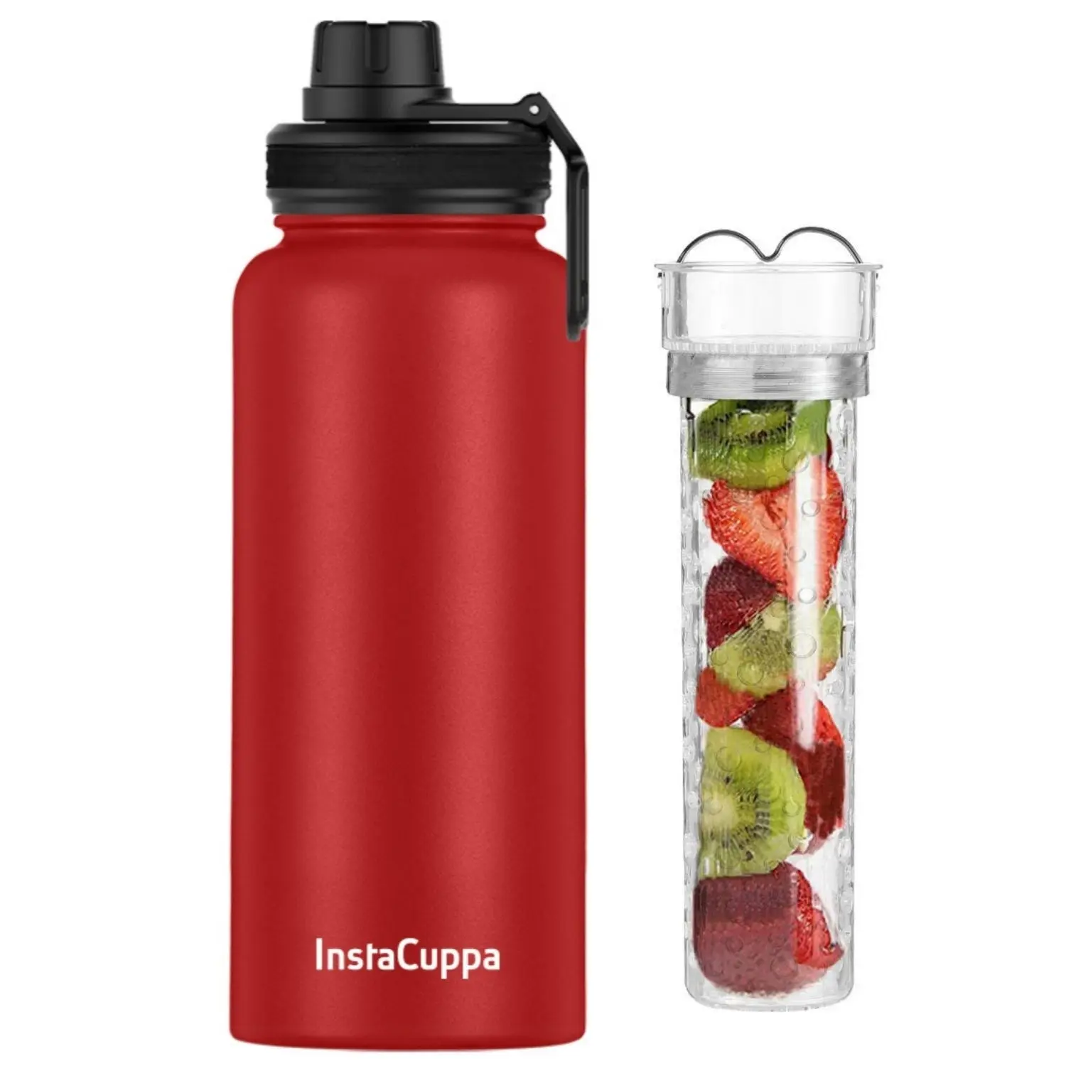 InstaCuppa Thermos Steel Fruit Infuser Water Bottle, Double Walled Vacuum Insulation, Full Length Tritan Infusion Unit, 2 Lids - Image 5