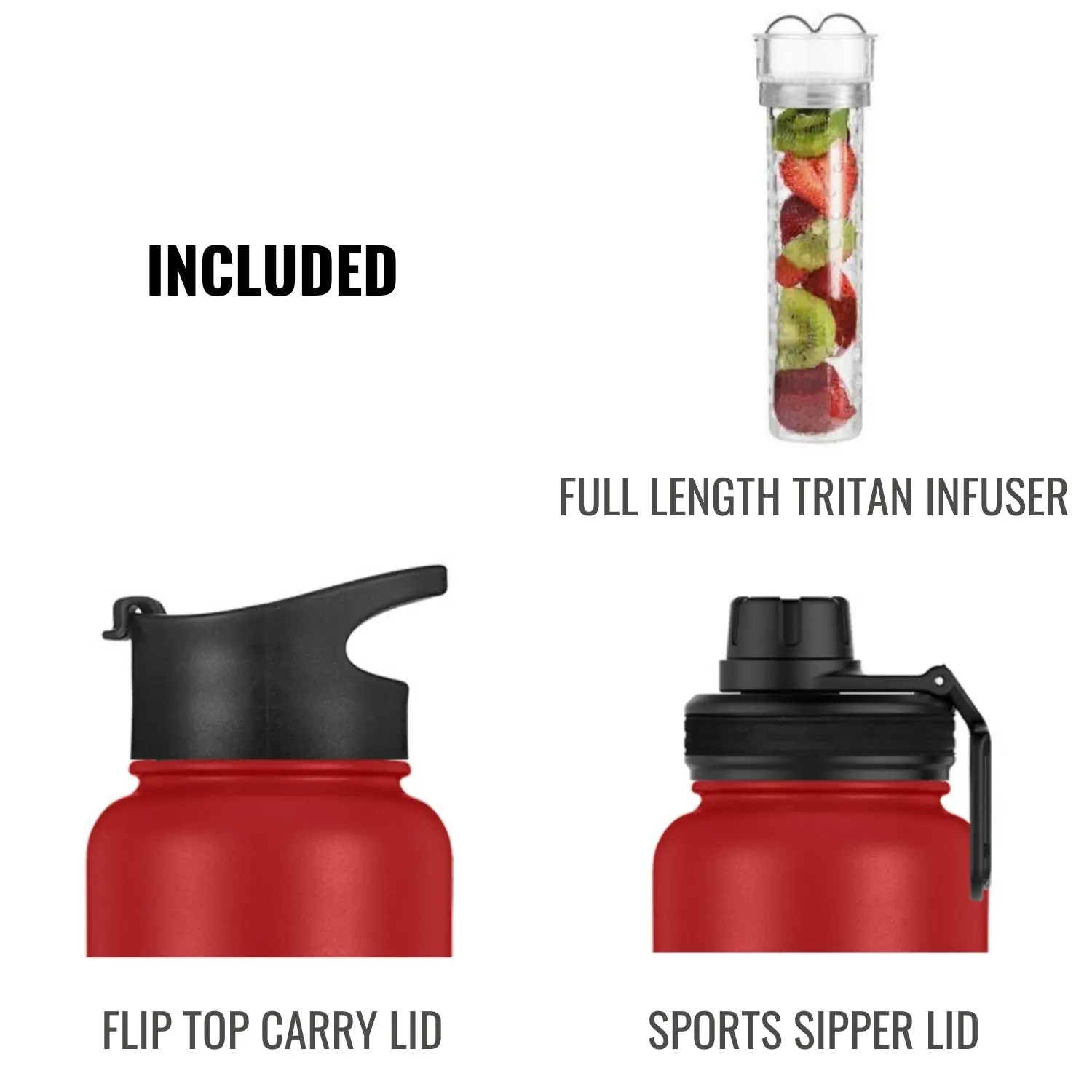 InstaCuppa Thermos Steel Fruit Infuser Water Bottle, Double Walled Vacuum Insulation, Full Length Tritan Infusion Unit, 2 Lids - Image 6
