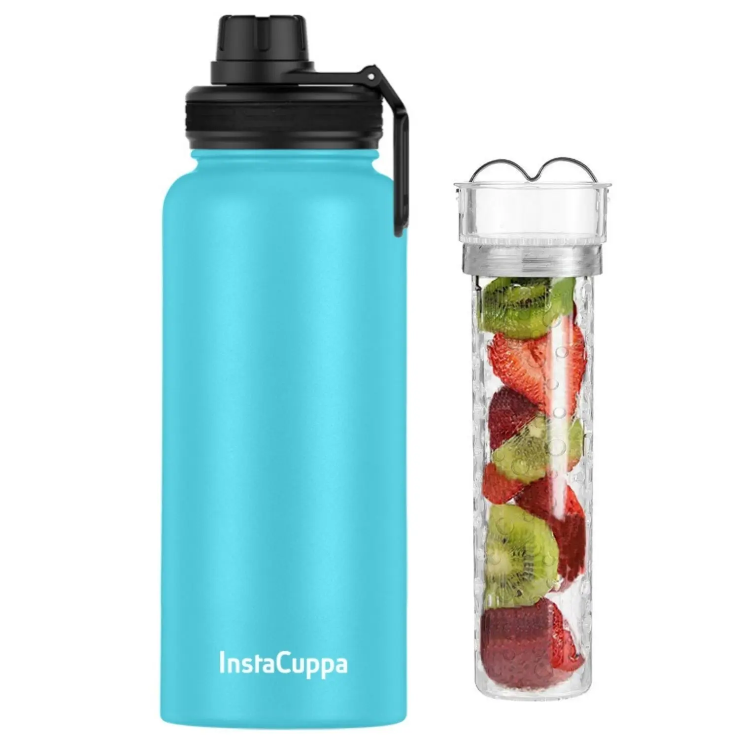InstaCuppa Thermos Steel Fruit Infuser Water Bottle, Double Walled Vacuum Insulation, Full Length Tritan Infusion Unit, 2 Lids - Image 7