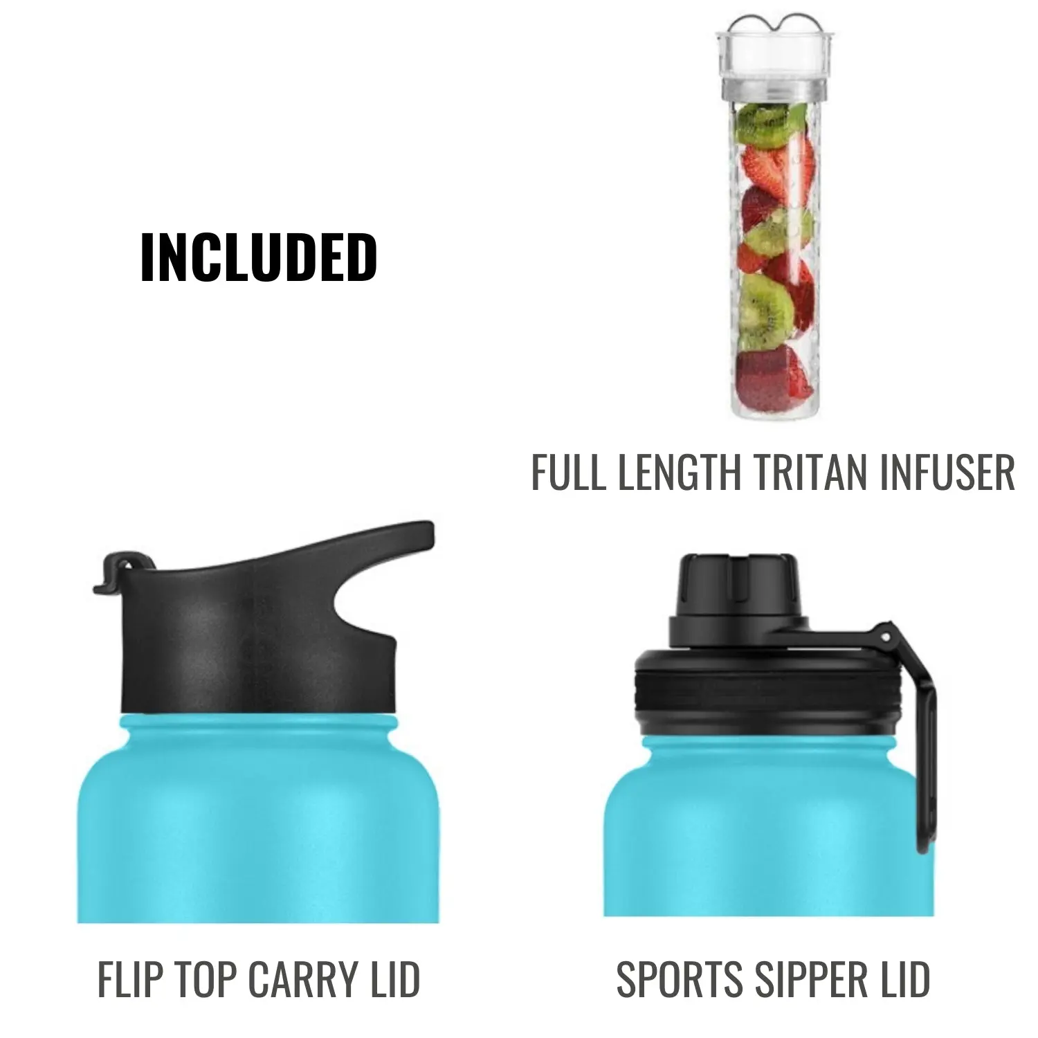 InstaCuppa Thermos Steel Fruit Infuser Water Bottle, Double Walled Vacuum Insulation, Full Length Tritan Infusion Unit, 2 Lids - Image 8