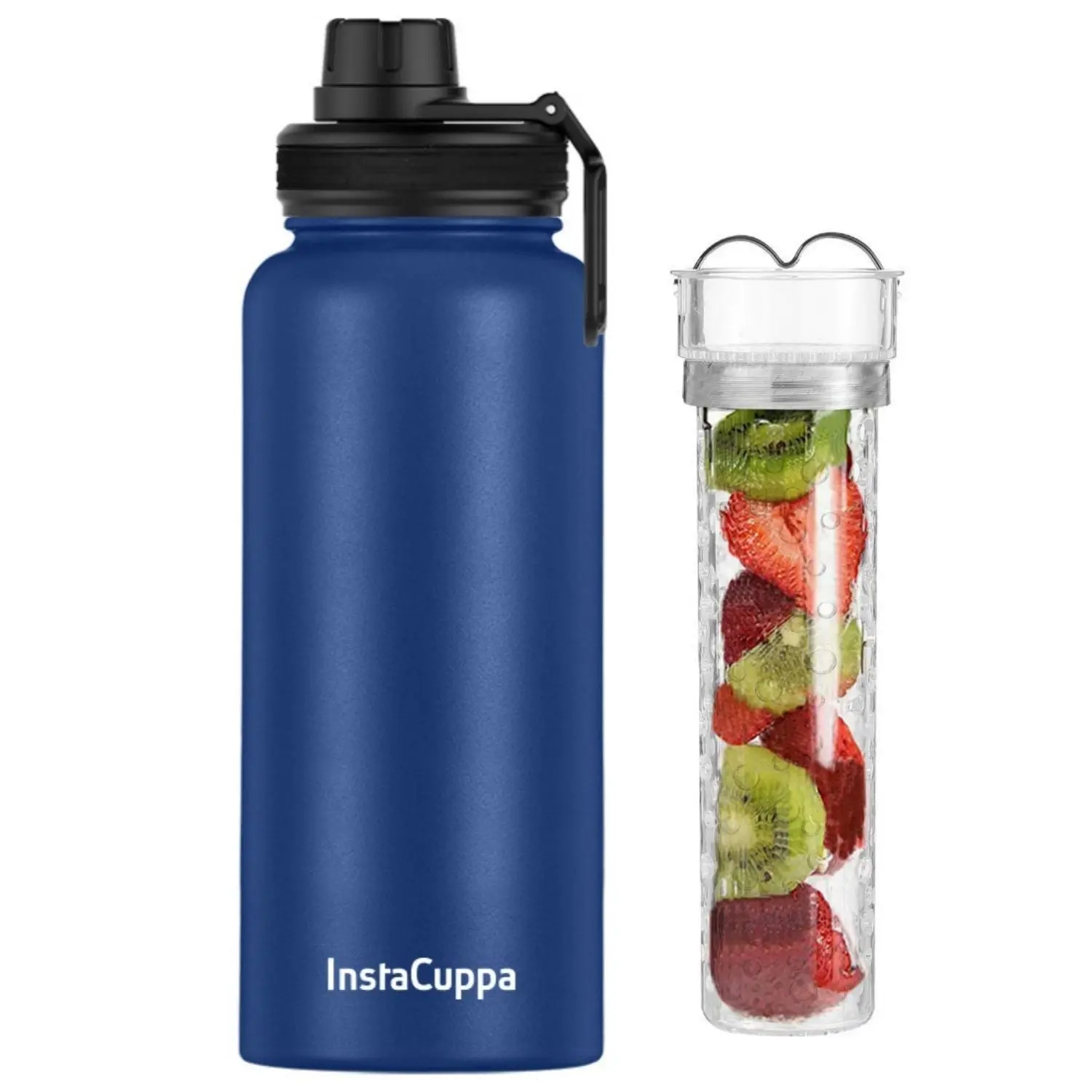 InstaCuppa Thermos Steel Fruit Infuser Water Bottle, Double Walled Vacuum Insulation, Full Length Tritan Infusion Unit, 2 Lids - Image 9