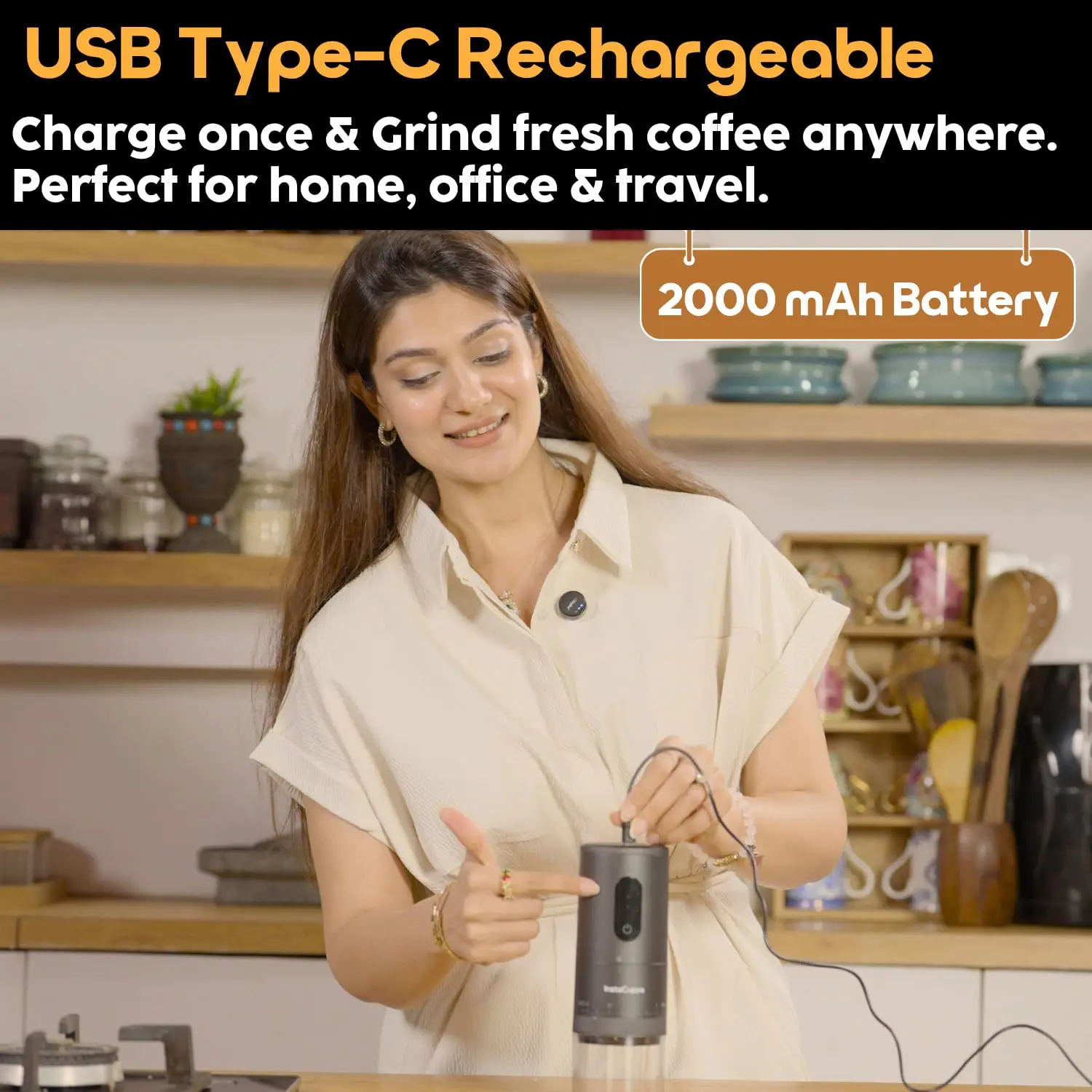 InstaCuppa USB Rechargeable Coffee Grinder | Ceramic Burr | 38 Settings | 2000mAh Battery | Portable & Travel-Friendly for Busy Moms - Image 3