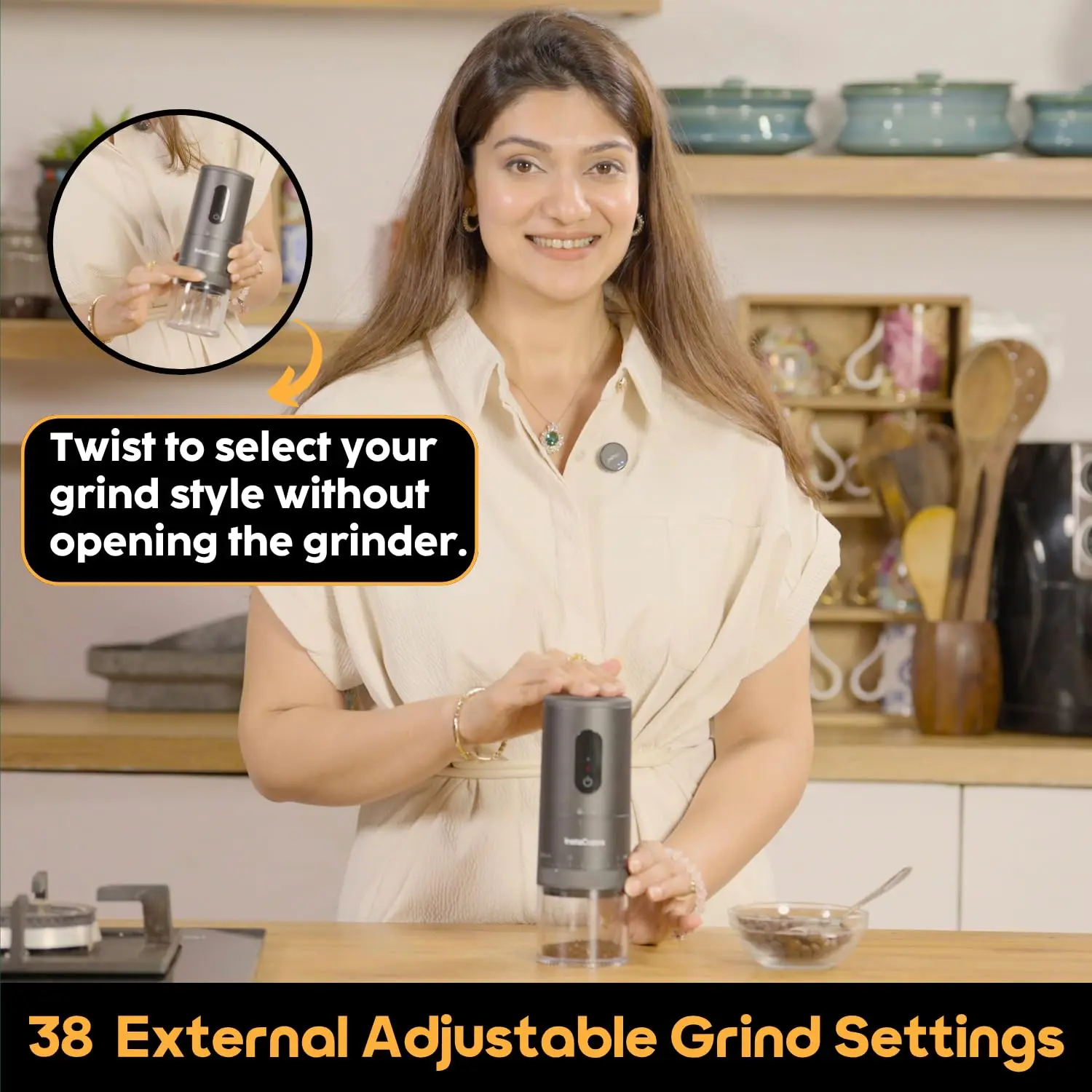 InstaCuppa USB Rechargeable Coffee Grinder | Ceramic Burr | 38 Settings | 2000mAh Battery | Portable & Travel-Friendly for Busy Moms - Image 4