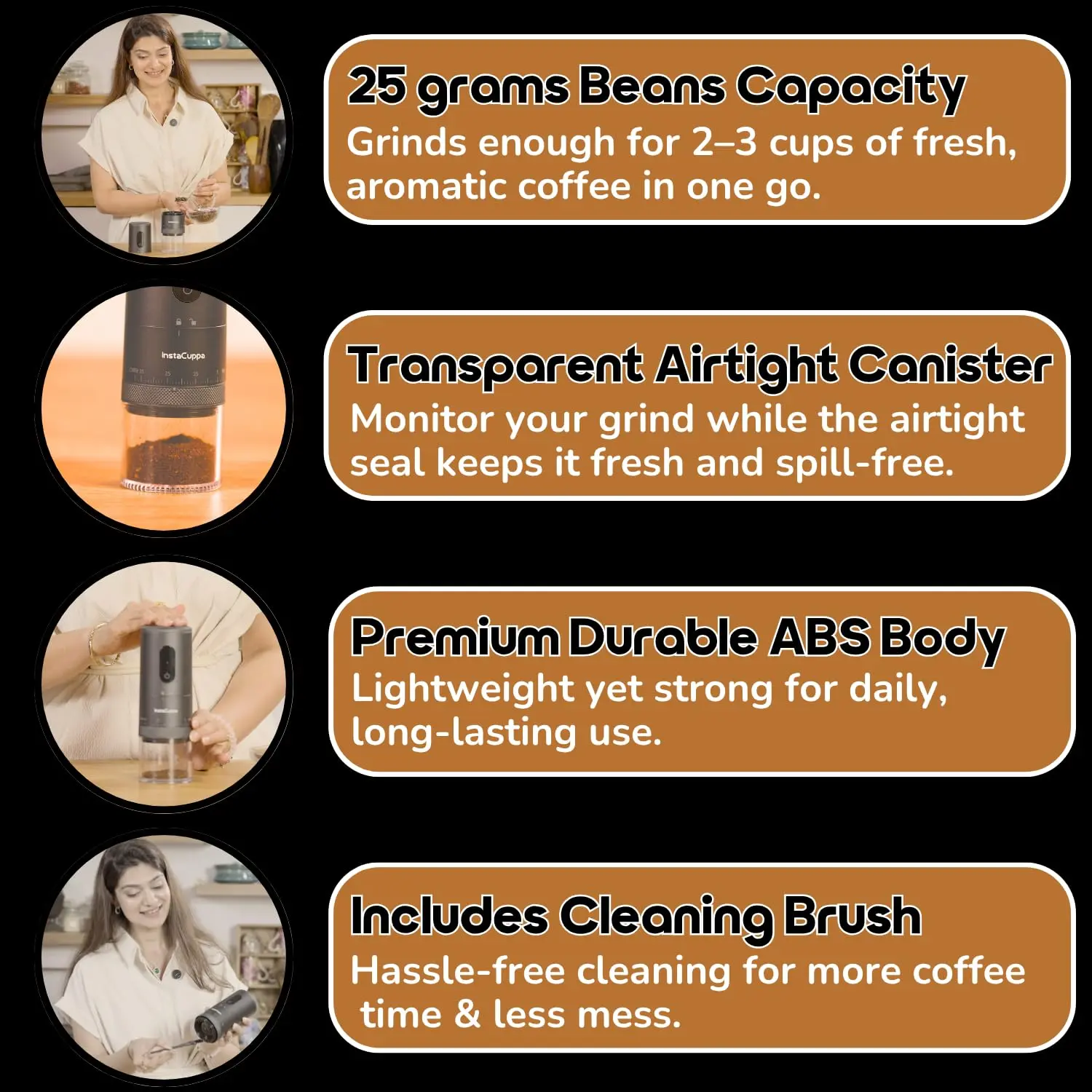 InstaCuppa USB Rechargeable Coffee Grinder | Ceramic Burr | 38 Settings | 2000mAh Battery | Portable & Travel-Friendly for Busy Moms - Image 8