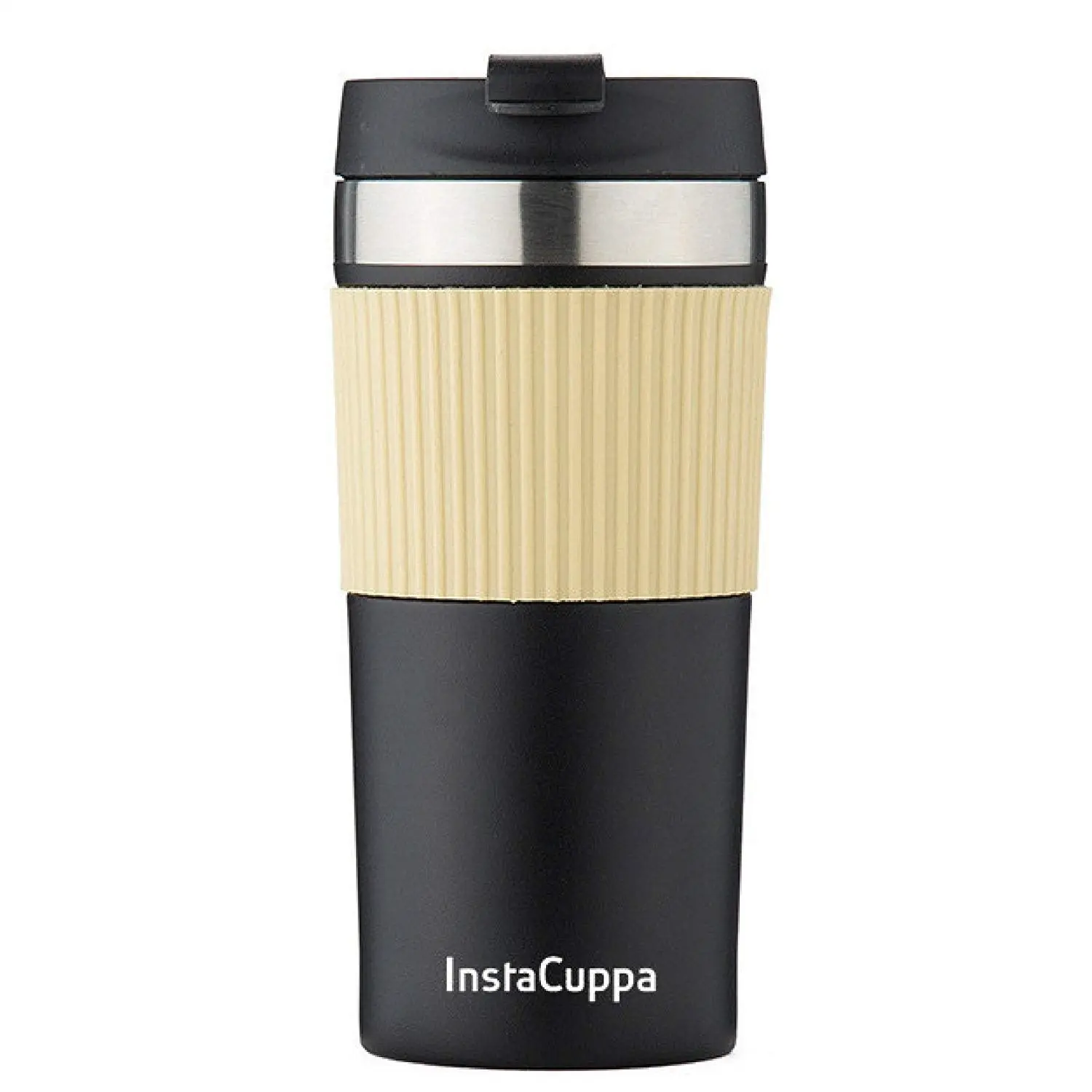 InstaCuppa Stainless Steel Thermos Travel Mug with Double Walled Vacuum Insulation, Flip Top Sipper Lid, Anti-Slip Silicone Grip