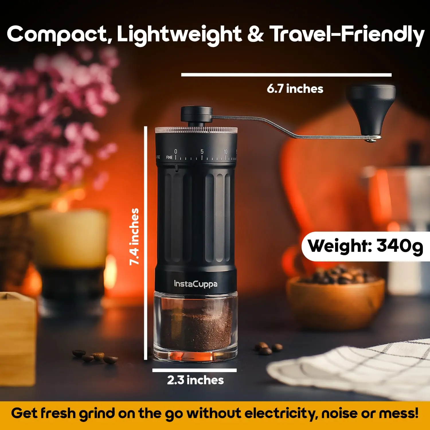 InstaCuppa Manual Coffee Grinder Ceramic Burr with 40 Adjustable Bean Grind Settings - Fresh Grind for South Indian Filter Coffee - Image 4