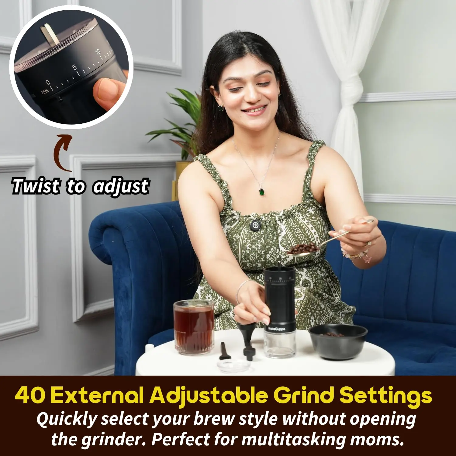 InstaCuppa Manual Coffee Grinder Ceramic Burr with 40 Adjustable Bean Grind Settings - Fresh Grind for South Indian Filter Coffee - Image 7