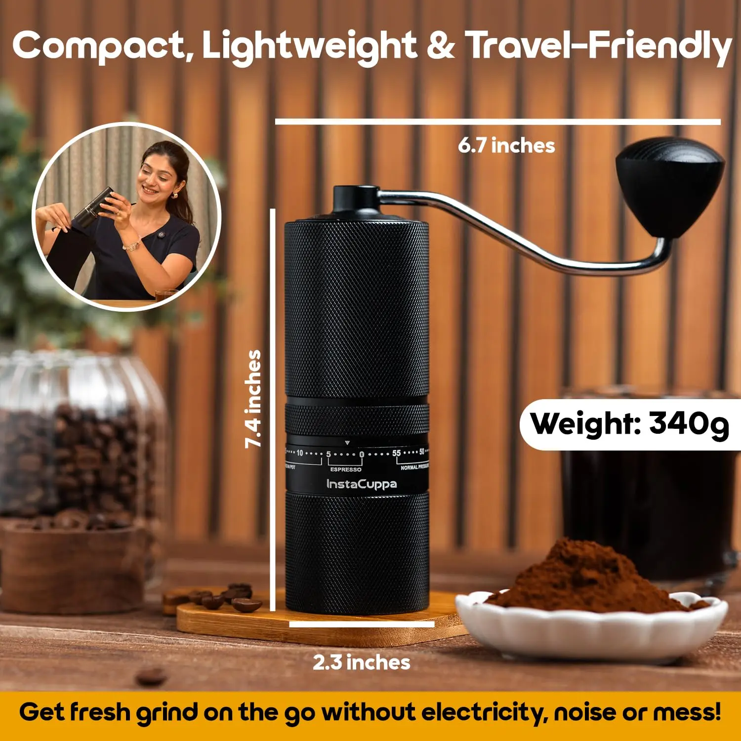 InstaCuppa Manual Coffee Grinder for Espresso with Stainless Steel Burr — 55 Adjustable Grind Settings, 2x Faster Grinding, Micro - Image 5