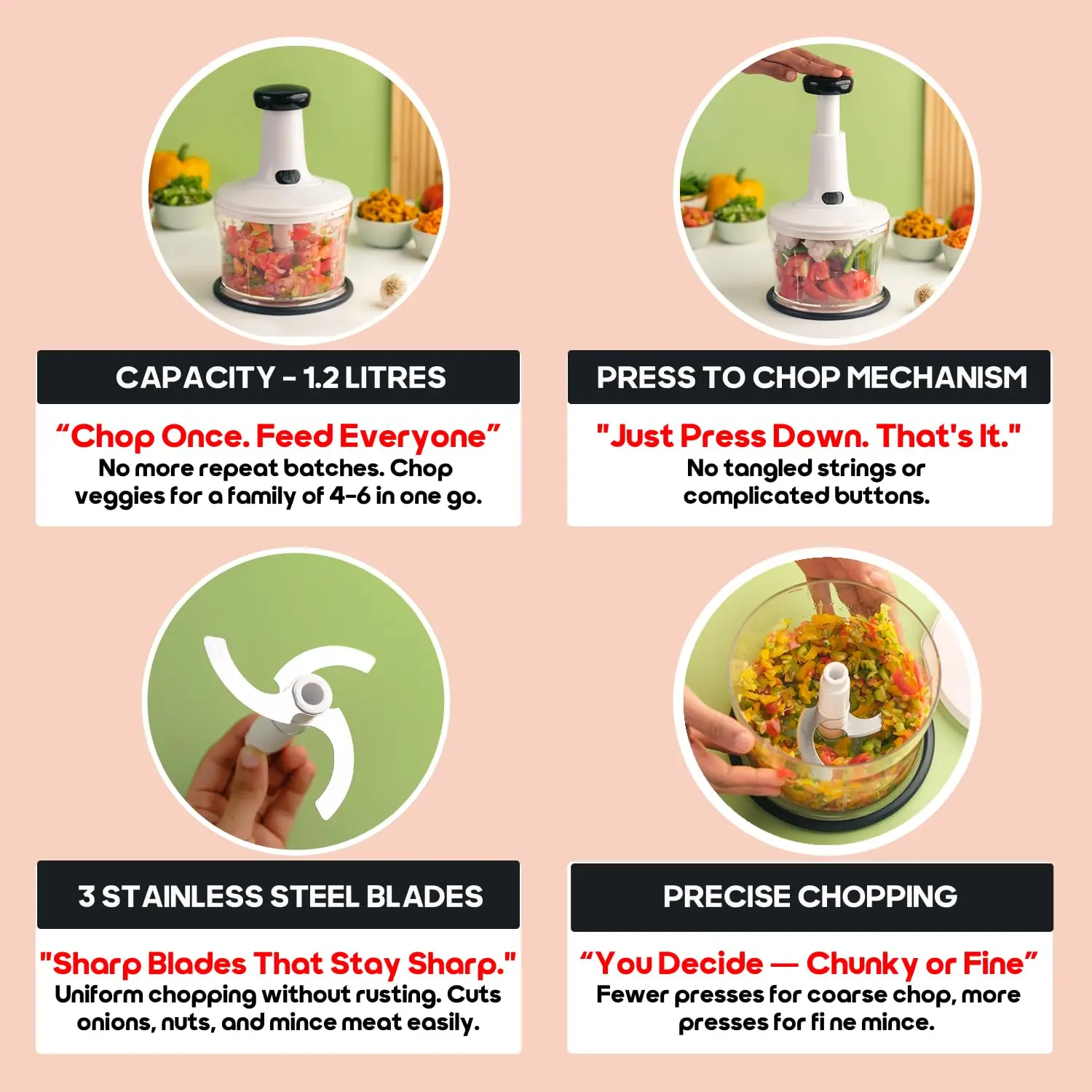 InstaCuppa 3-in-1 Manual Vegetable Chopper | 1.2L with Salad Spinner & Egg Whisker | 3 Stainless Steel Blades | Press to Chop | Safety - Image 7