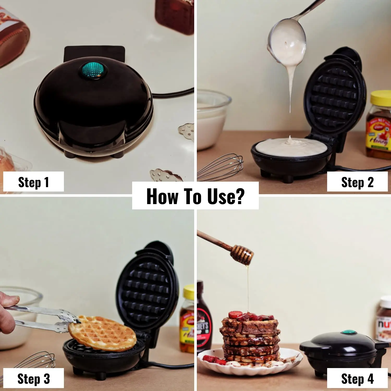 InstaCuppa Mini Waffle Maker For Individual Waffles, Non-stick, Easy To Clean, Portable, 4 inch, Black - Image 6
