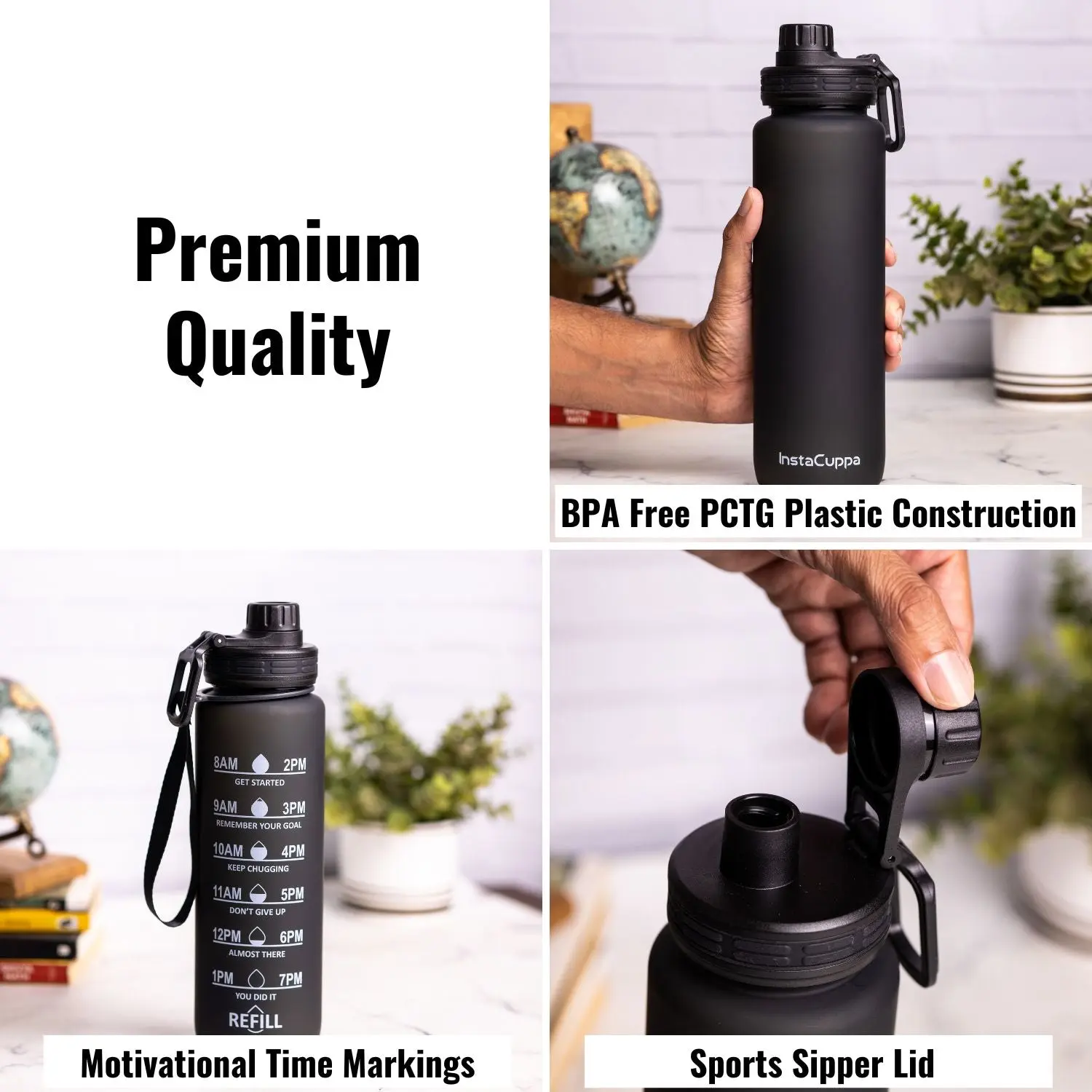 InstaCuppa Sipper Water Bottle with Motivational Time Markings, Neoprene Sleeve, Cleaning Brush, Protein Shaker Ball, BPA Free PCTG Plastic, 1 Liter - Image 4