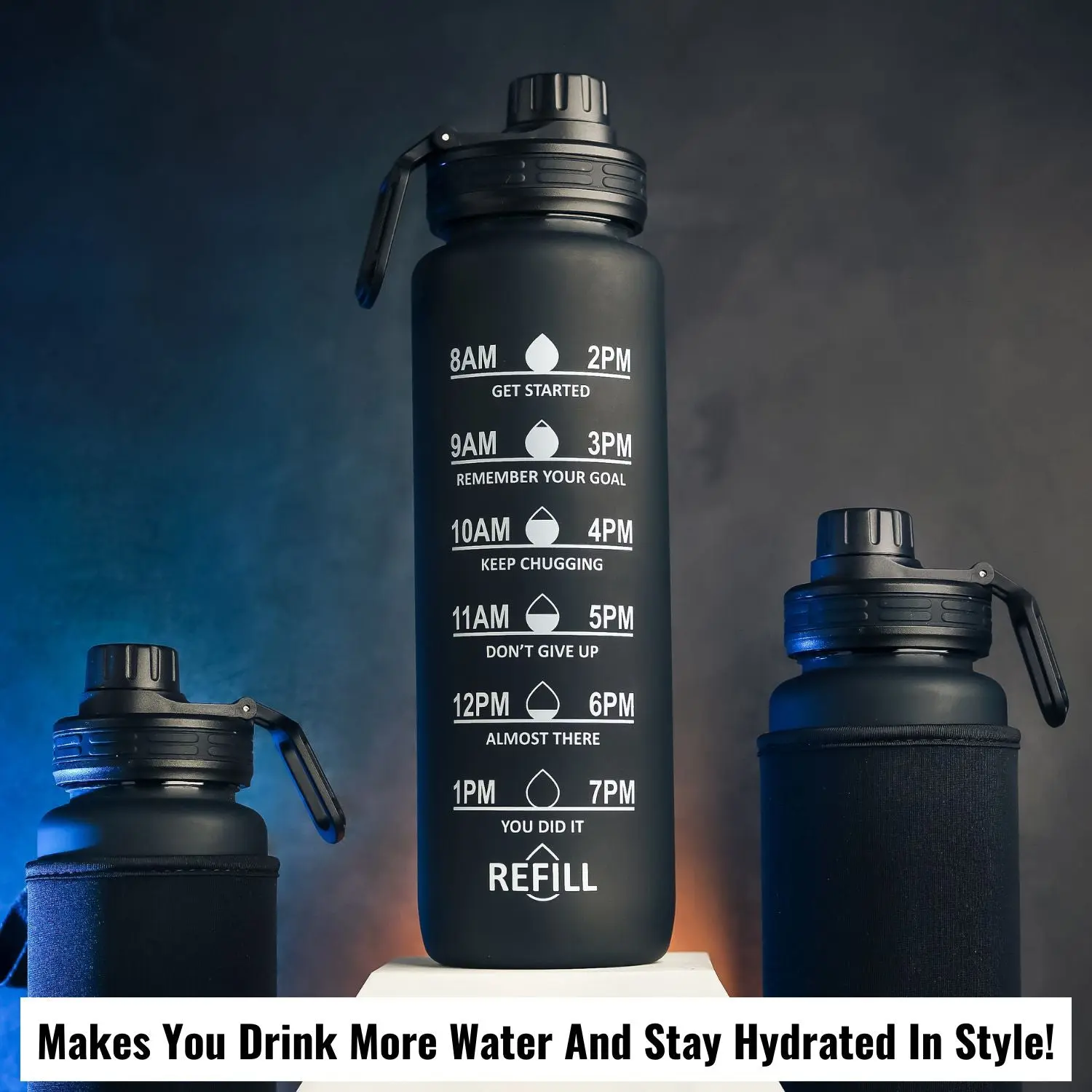 InstaCuppa Sipper Water Bottle with Motivational Time Markings, Neoprene Sleeve, Cleaning Brush, Protein Shaker Ball, BPA Free PCTG Plastic, 1 Liter - Image 7