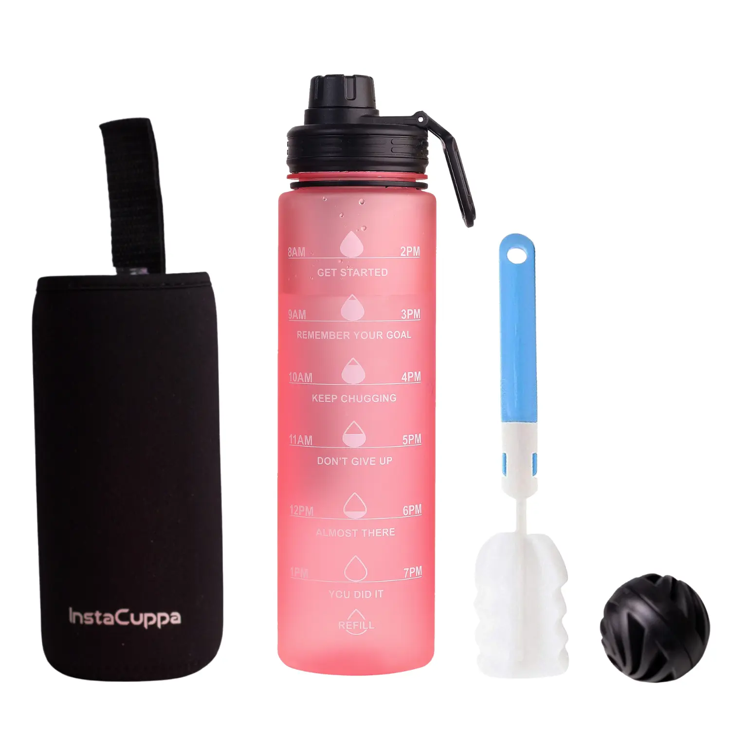 InstaCuppa Sipper Water Bottle with Motivational Time Markings, Neoprene Sleeve, Cleaning Brush, Protein Shaker Ball, BPA Free PCTG Plastic, 1 Liter - Image 8