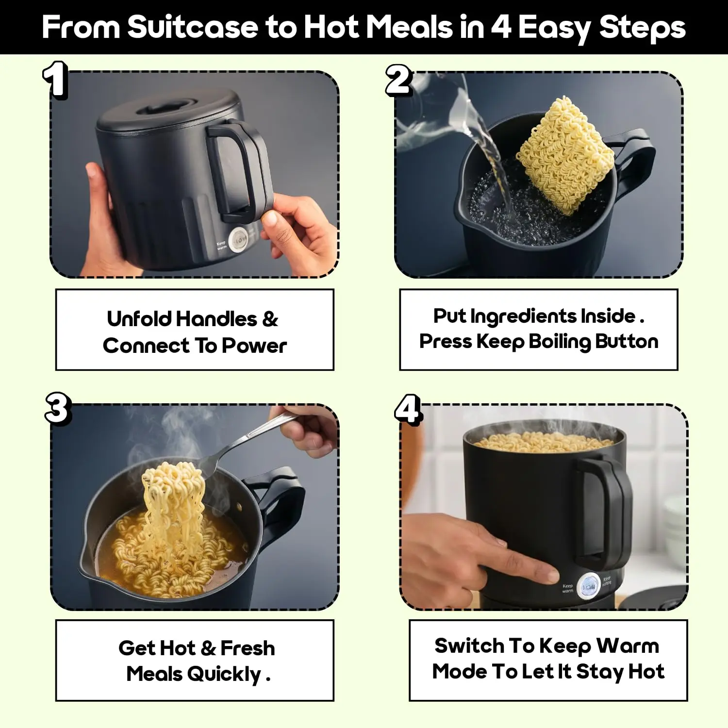 InstaCuppa Non-Stick Portable Multicook Kettle 1000ml | Fry Eggs, Cook & Boil Without Sticking | Keep Warm, Auto Shut-Off & Easy To - Image 9