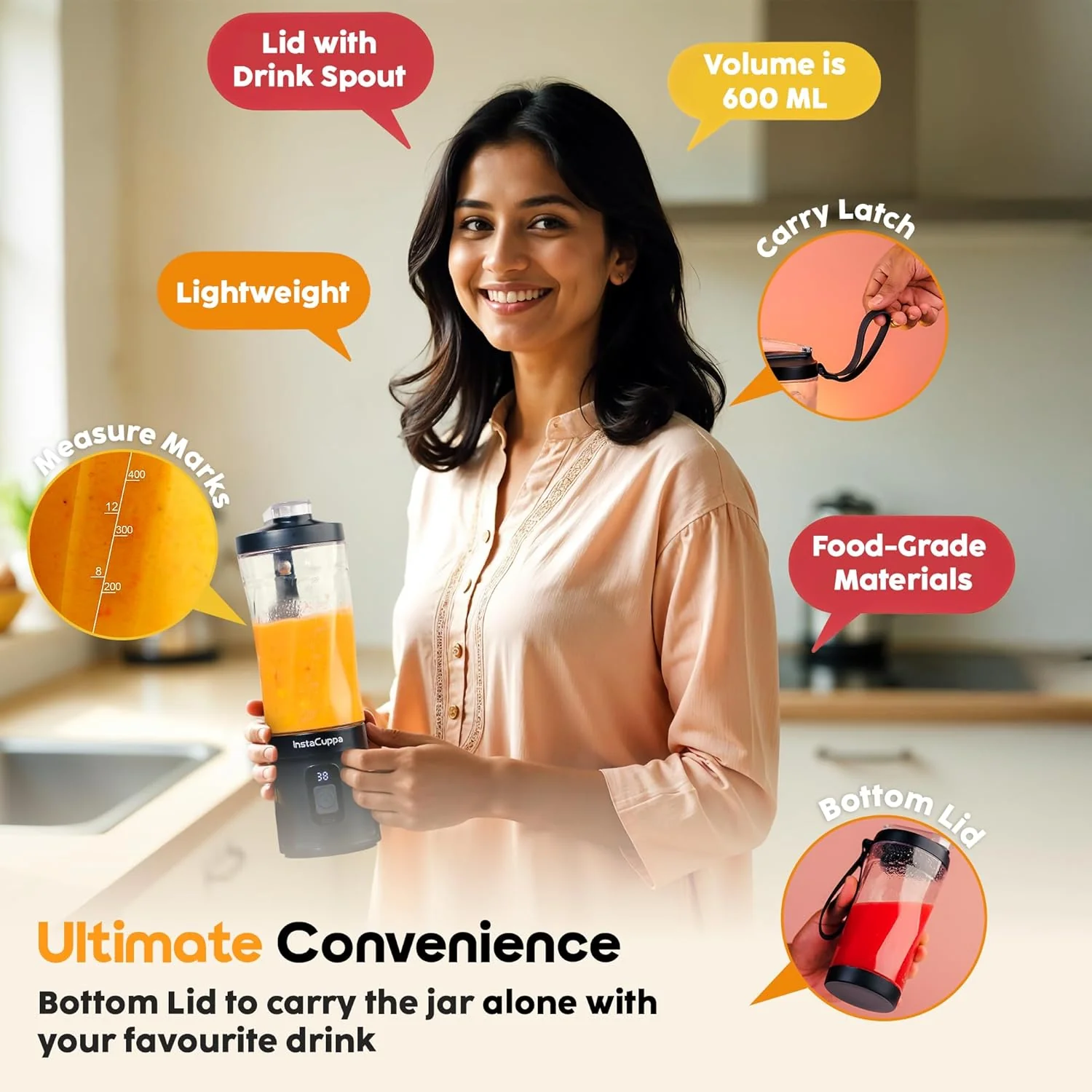 InstaCuppa Portable Blender Bottle | Long Lasting 6000 mAh Battery with Fast Charging | LED Display for Battery Status & 40-Second - Image 6
