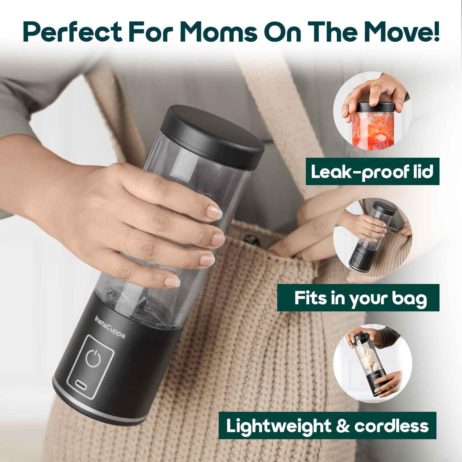 InstaCuppa Portable Blender Bottle – USB Rechargeable, 450ml, 304 Stainless Steel Blades, 22000 RPM, Quick Blend & Pulse Mode, Child - Image 5