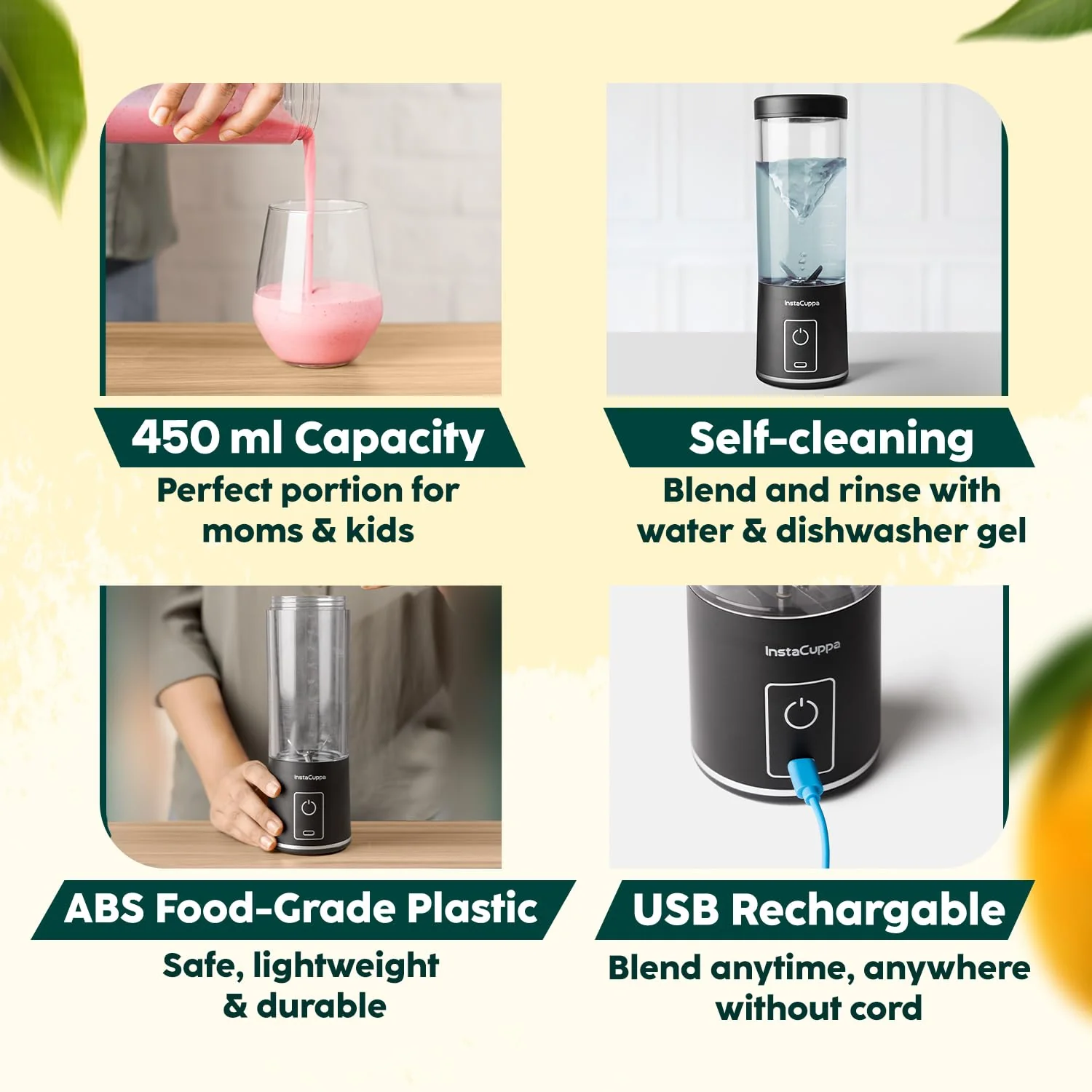 InstaCuppa Portable Blender Bottle – USB Rechargeable, 450ml, 304 Stainless Steel Blades, 22000 RPM, Quick Blend & Pulse Mode, Child - Image 7