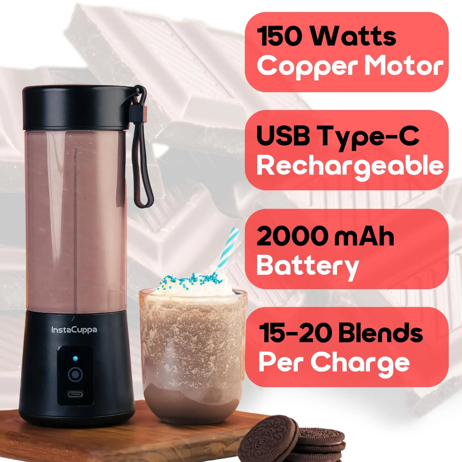 InstaCuppa Portable Blender for Smoothie and Juices, Milk Shakes, Crushing Ice, USB Rechargeable Blender Machine for Kitchen with 2000 - Image 4