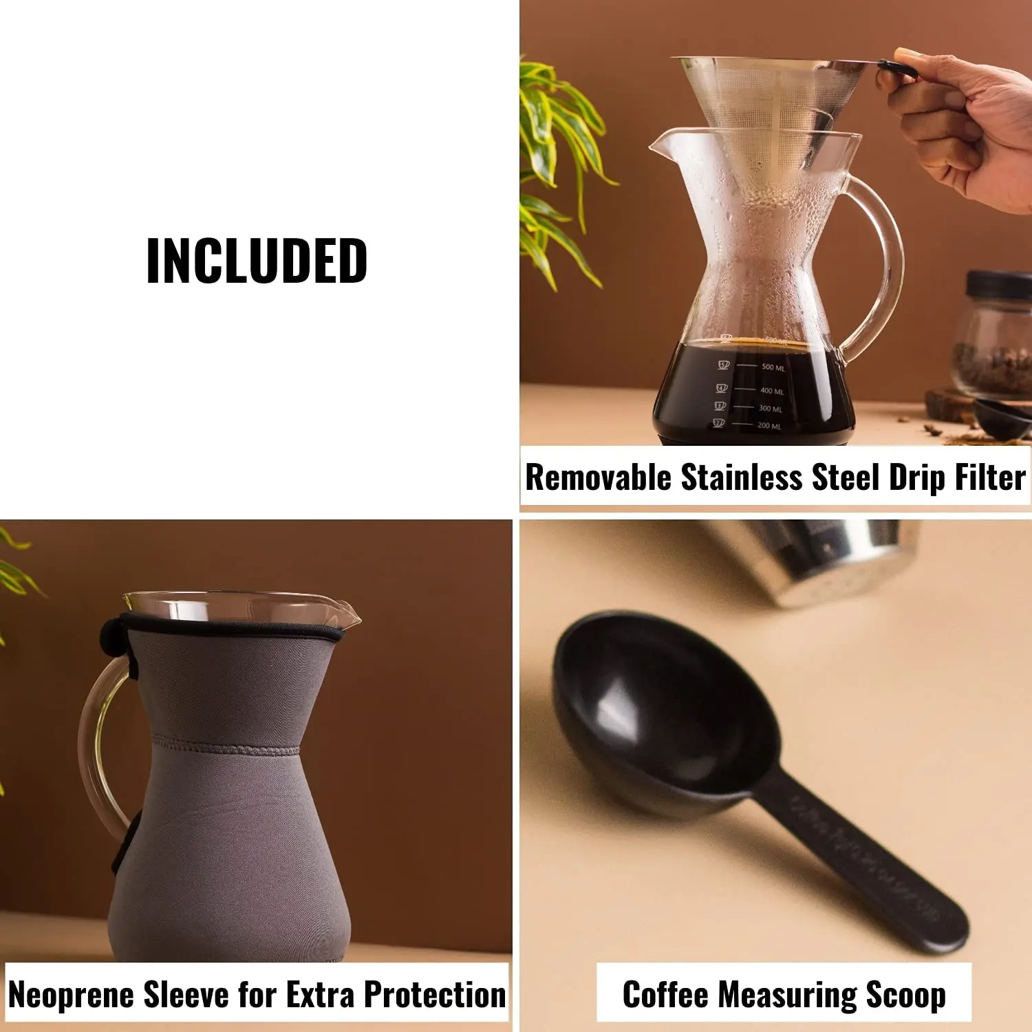 InstaCuppa Pour Over Drip Coffee Maker with Borosilicate Glass Carafe, Stainless Steel Filter Dripper, Silicone Sleeve for Extra Protection, 800 ML - Image 7