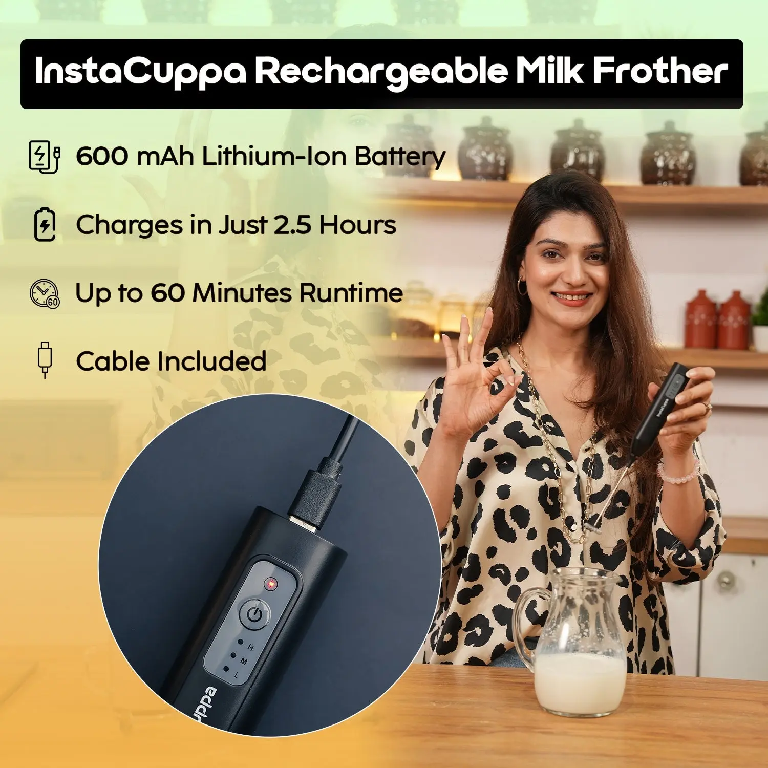 InstaCuppa Rechargeable Frother - Home Edition with 4 Whisks & 3 Speed Settings - Image 7