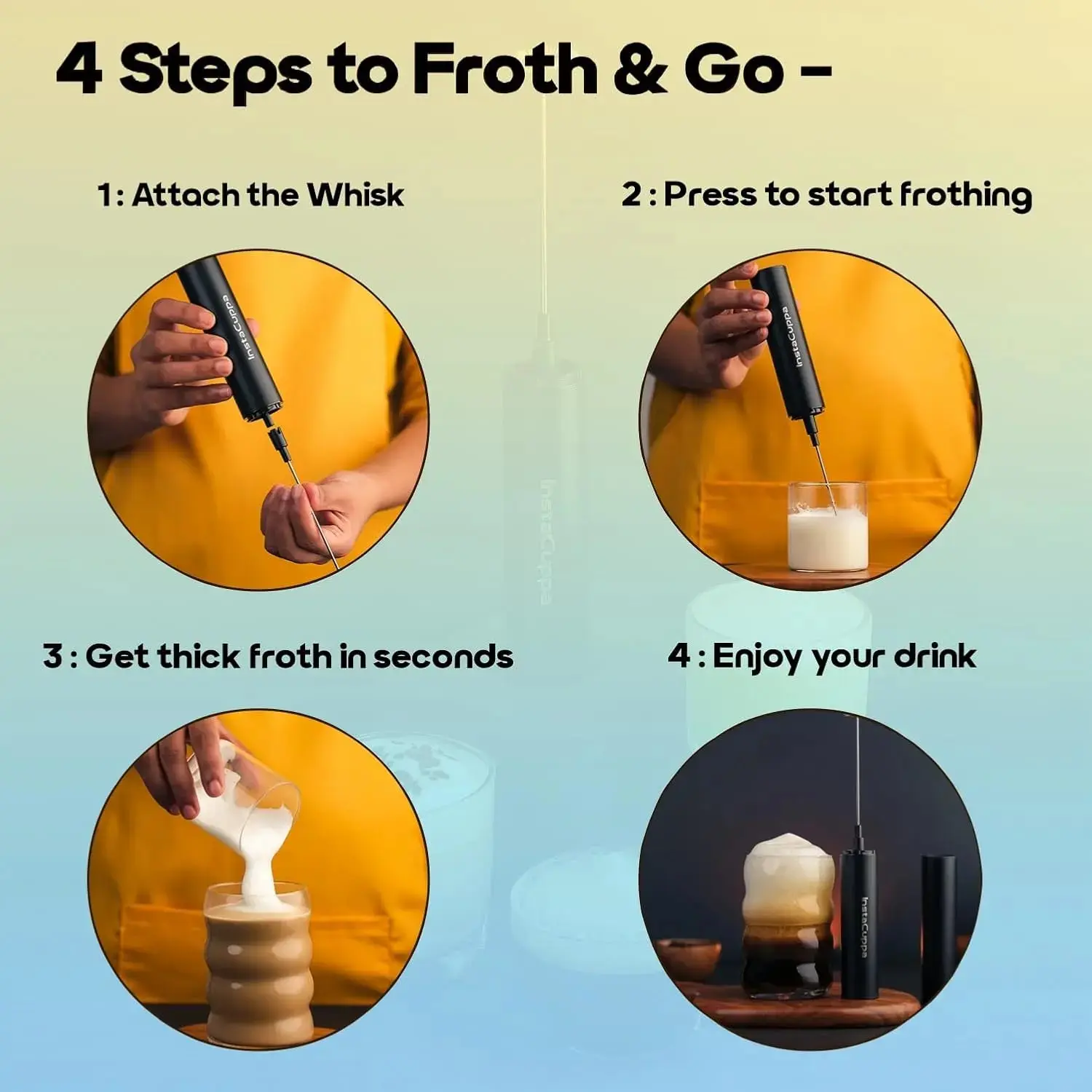 InstaCuppa Rechargeable Frother — Travel Edition with 4 Whisks & 3 Speed Settings - Image 6