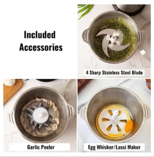 InstaCuppa Premium Electric Chopper with 3 Unique Attachments - Garlic Peeler, Stainless Steel Chopping Blades, Egg Beater - 3 - Image 3