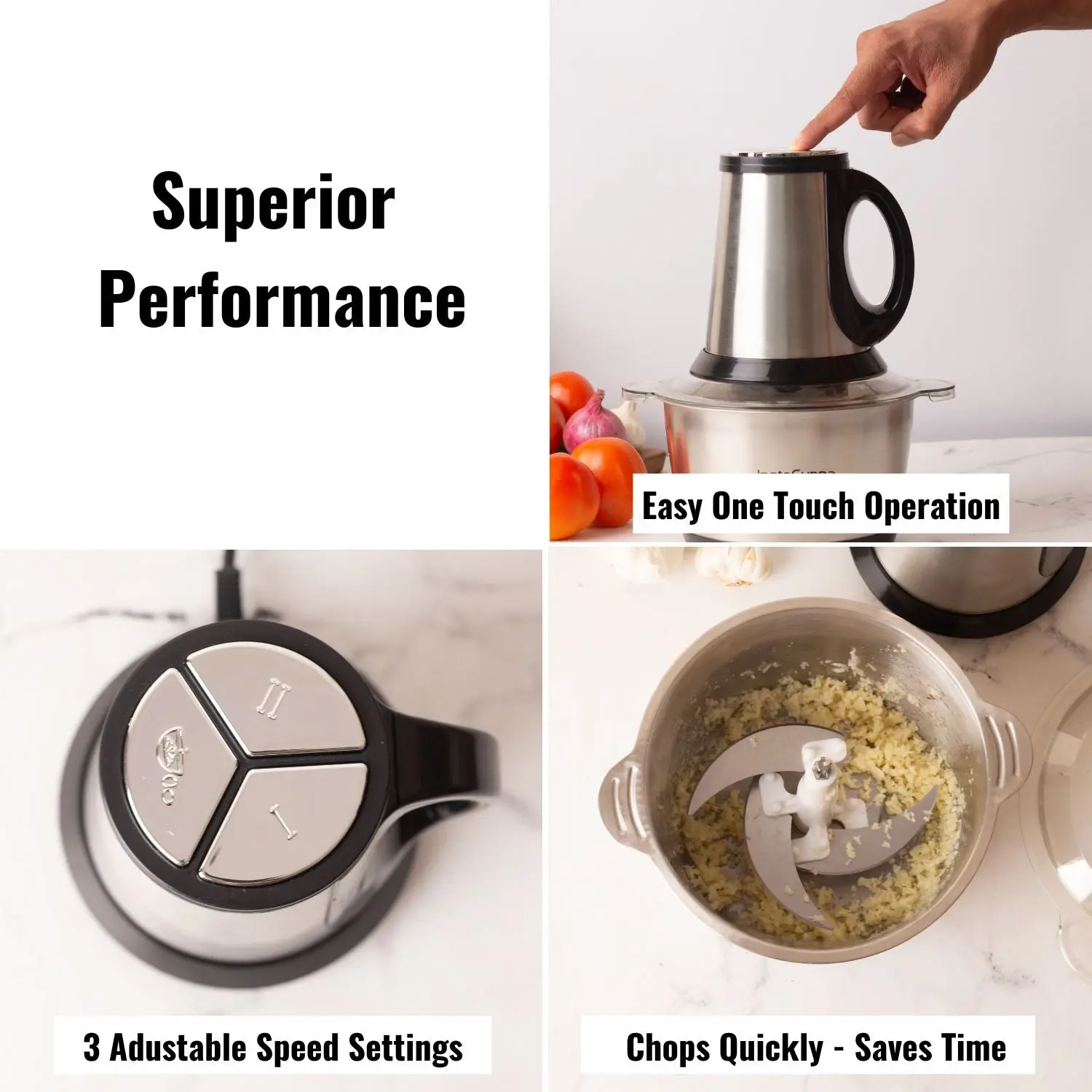 InstaCuppa Premium Electric Chopper with 3 Unique Attachments - Garlic Peeler, Stainless Steel Chopping Blades, Egg Beater - 3 - Image 4