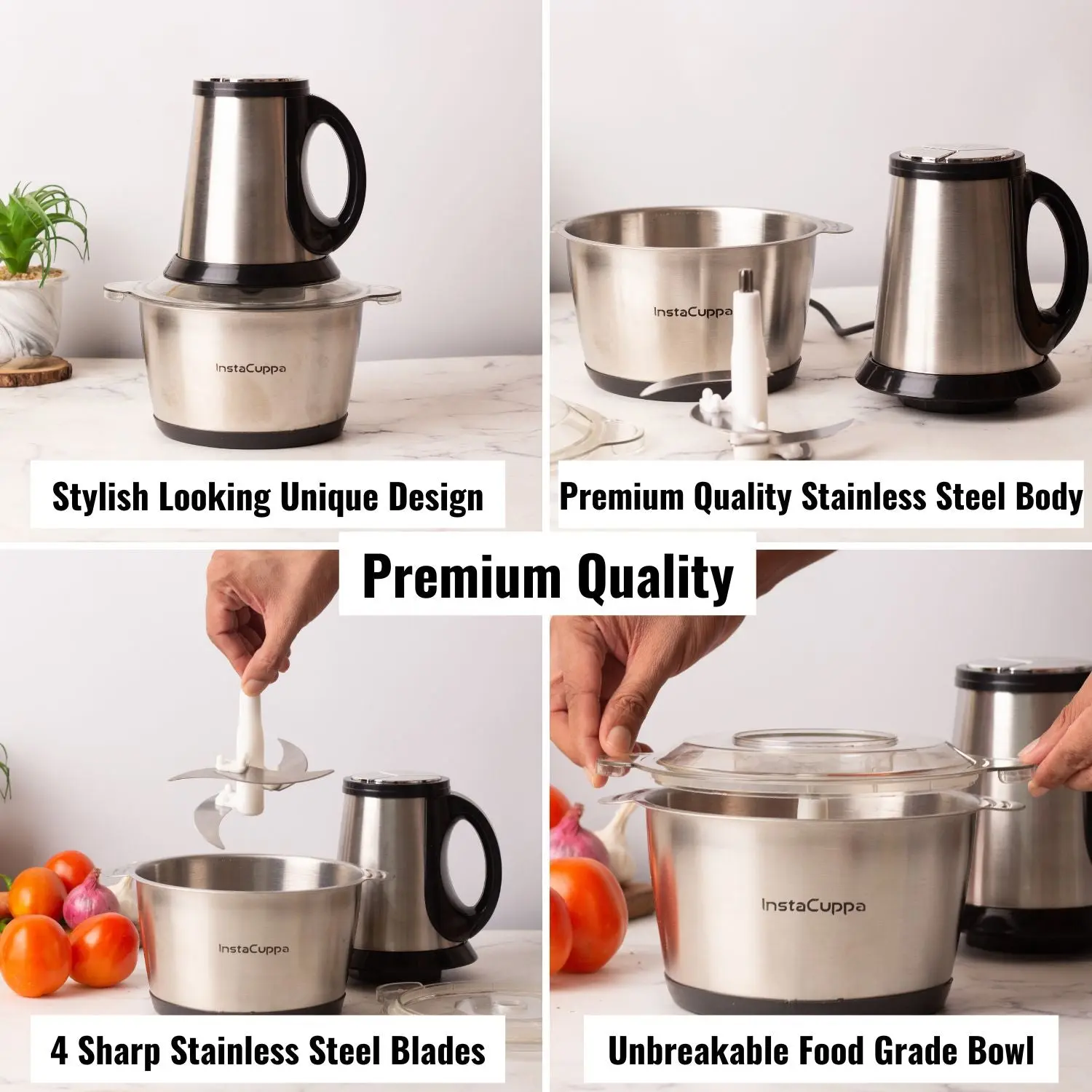 InstaCuppa Premium Electric Chopper with 3 Unique Attachments - Garlic Peeler, Stainless Steel Chopping Blades, Egg Beater - 3 - Image 6