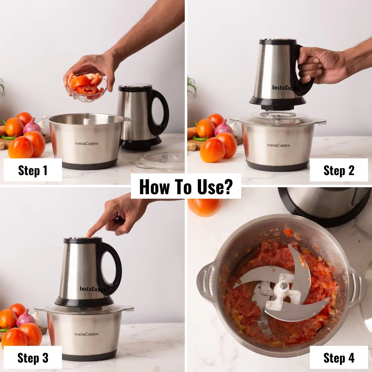 InstaCuppa Premium Electric Chopper with 3 Unique Attachments - Garlic Peeler, Stainless Steel Chopping Blades, Egg Beater - 3 - Image 8